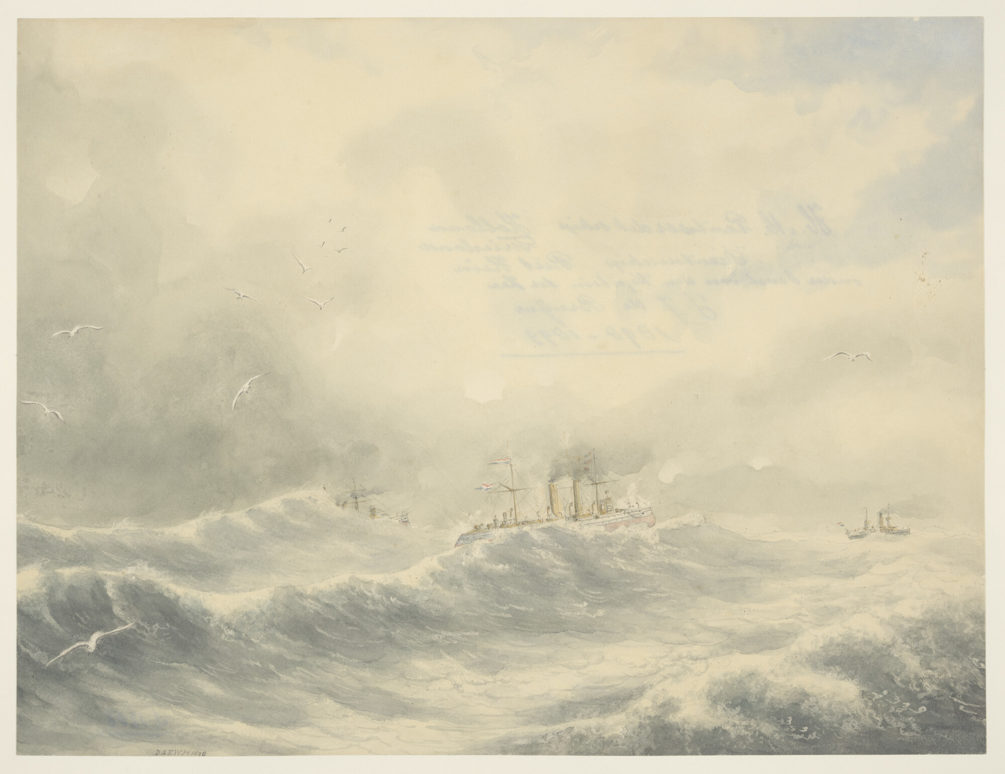 S.1206; De pantserdekschepen Hr.Ms. 'Holland', 'Friesland' en 'Piet Heyn' in ruwe zee; tekening