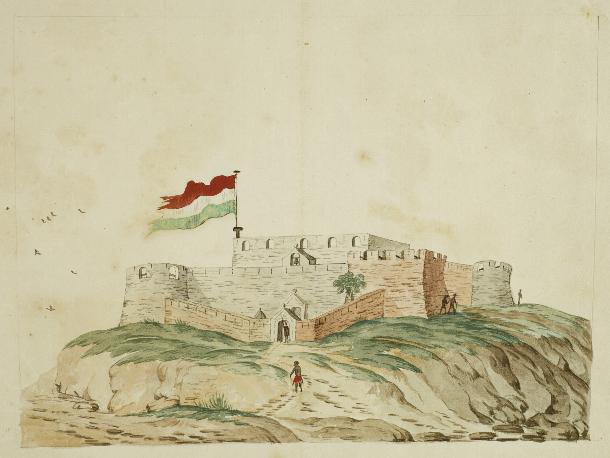 2004.5211; Het Nederlandse fort Amsterdam aan de kust van West-Afrika; tekening