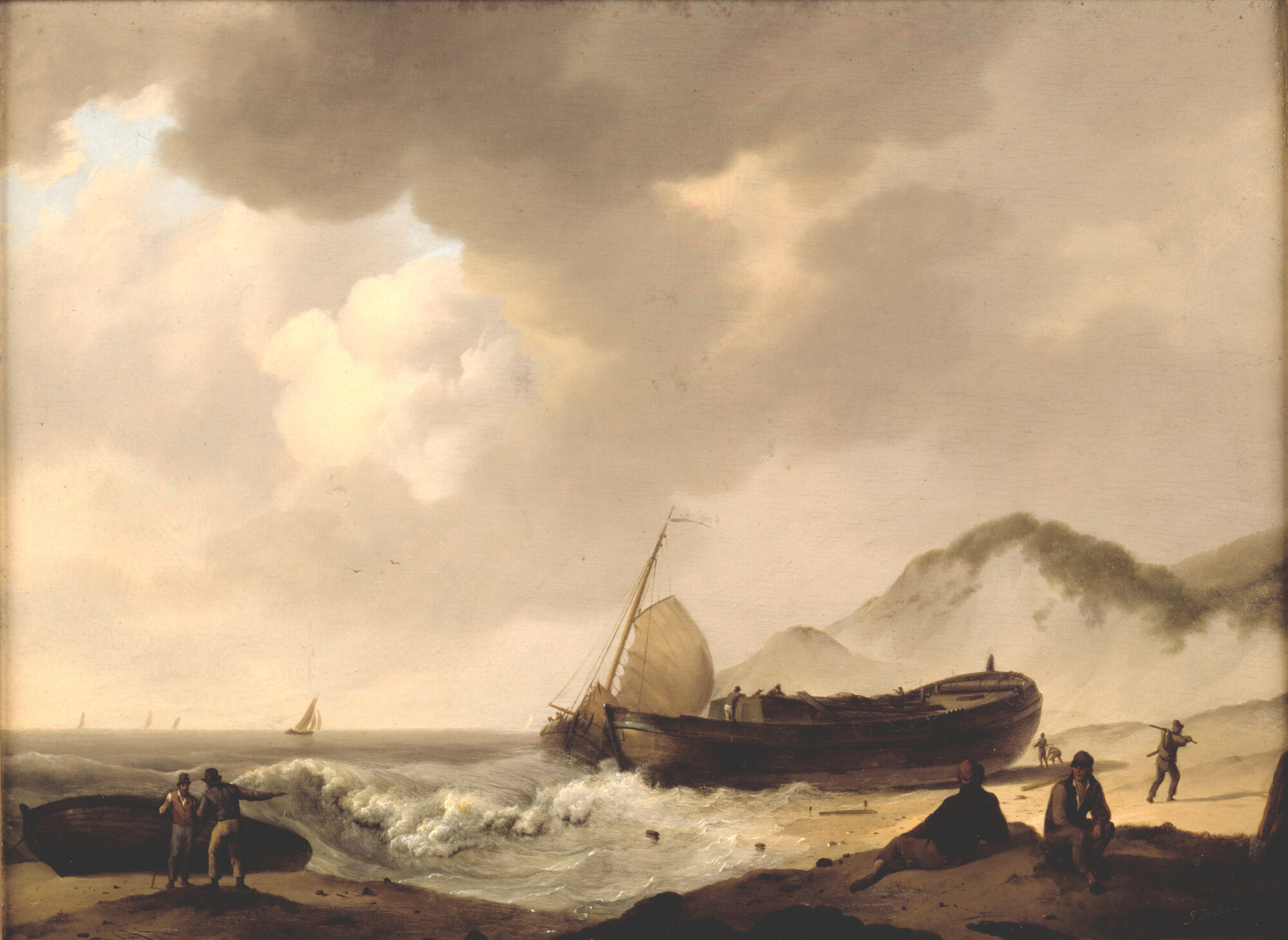 A.1912(02); Gestrande en afgetuigde romp van een kofschip; schilderij
