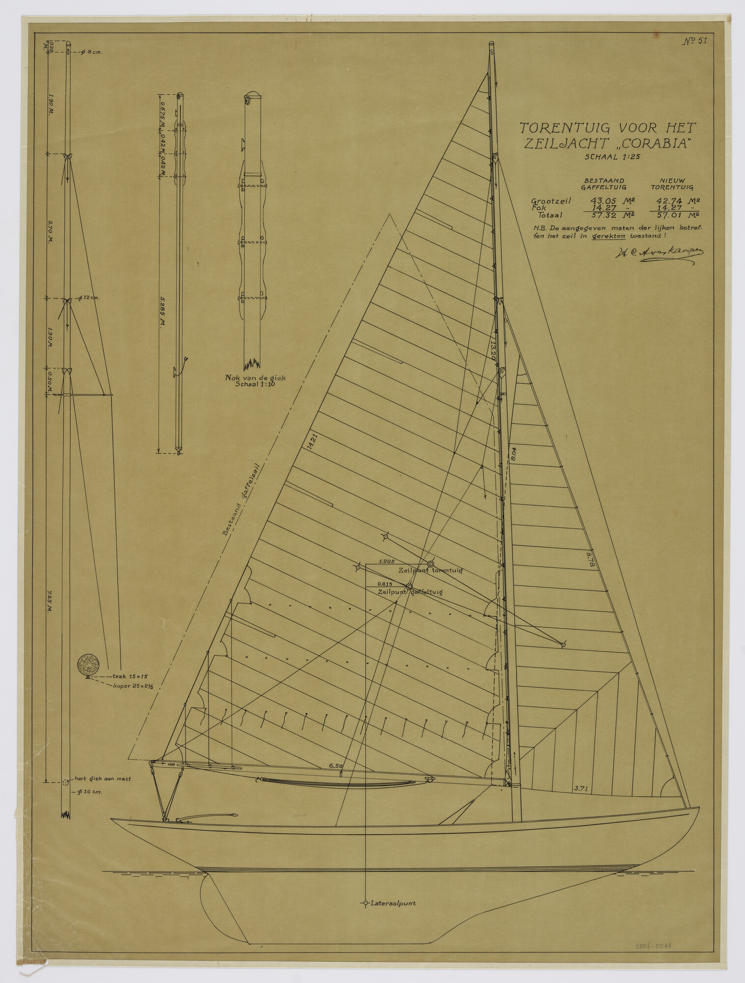 2006.0548; Nieuw zeilplan van het zeiljacht Corabia; technische tekening