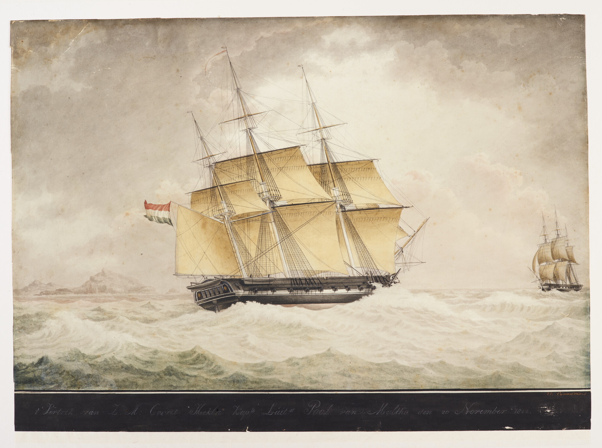 A.1733(02); Het vertrek van het korvet Zr.Ms. Hekla van de rede van Malta; tekening