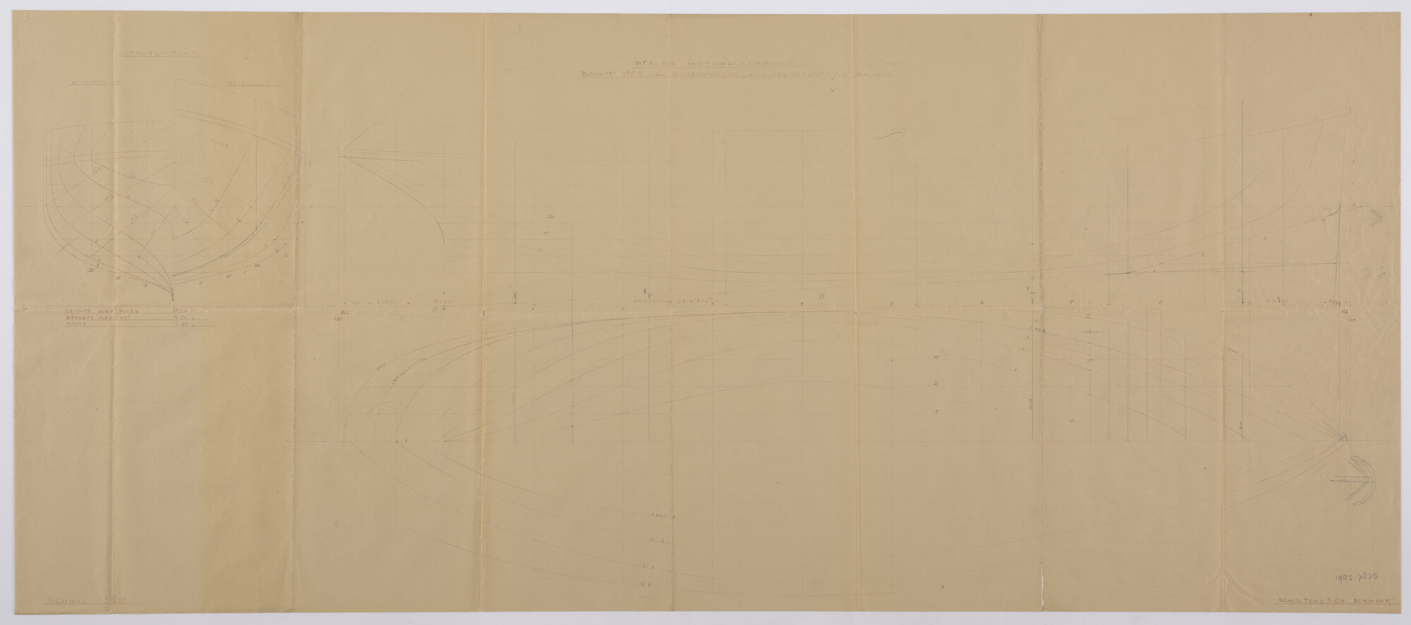 1995.7825; Lijnenplan voor een binnenvaart motorsleepboot (Nicolaas Witsen Bnr. 825); technische tekening