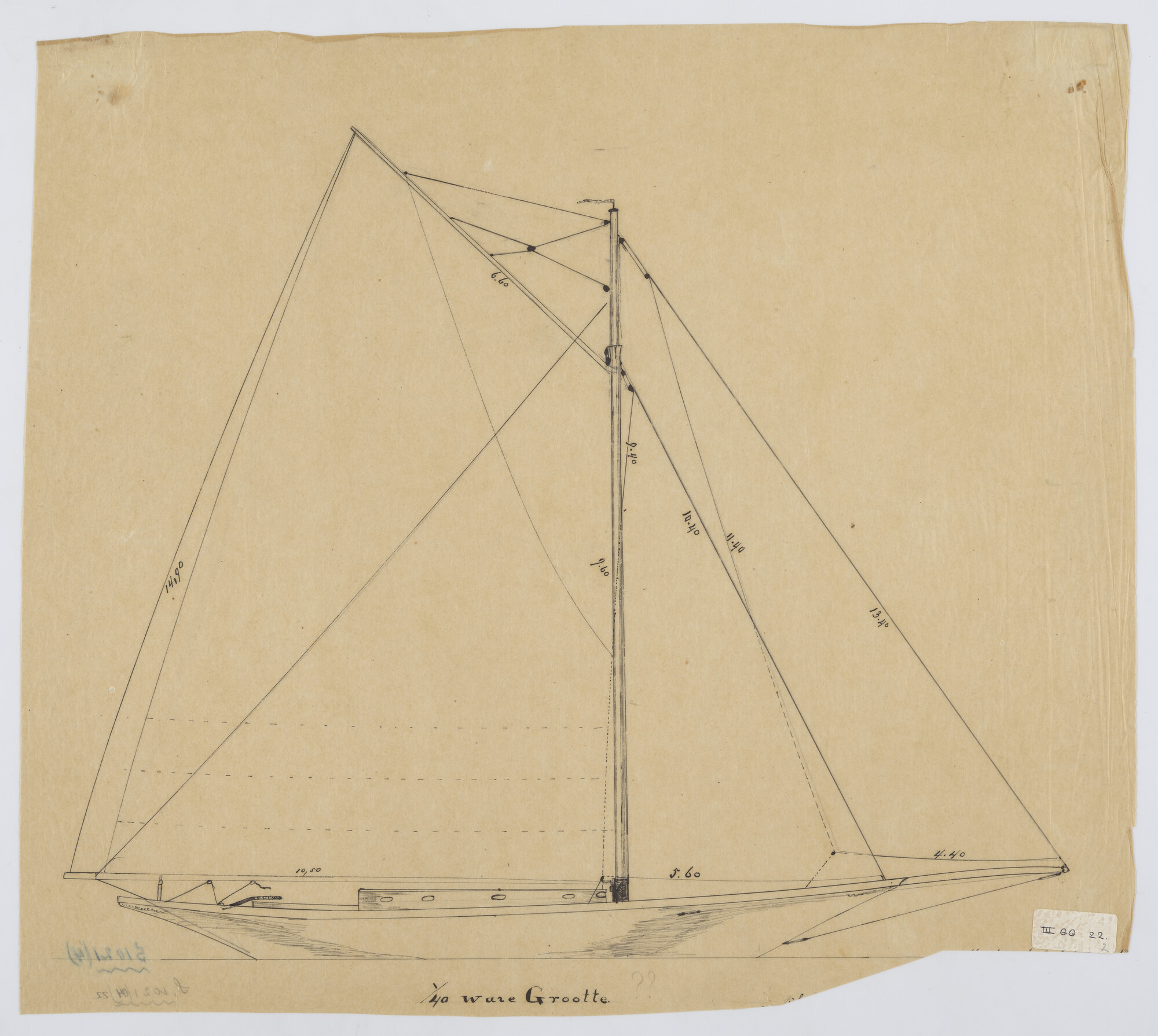 S.1021(04)22; Tuigtekening van een kotterjacht; technische tekening