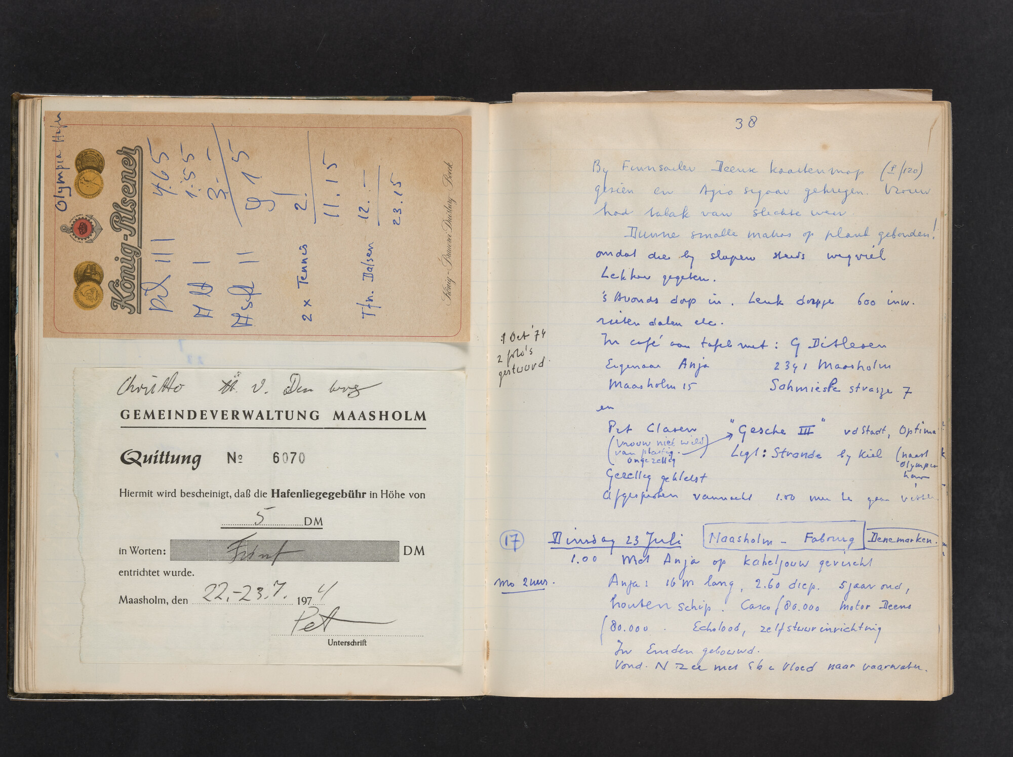 2017.0802; Logboek c.q. fotoalbum van reizen met zeeschouw Grutto (II) in Nederland, Duitsland en Denemarken, 1973-1974; logboek