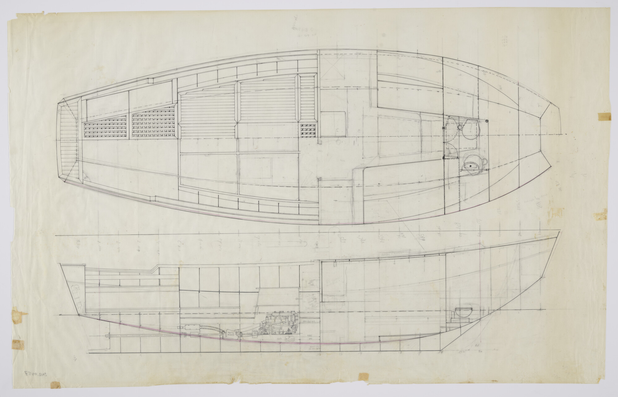2012.0457; Constructieplan (ontwerp) van de gedeeltelijk open vissersmanschouw 'Voorloper' van 9.95 m (lengte over de stevens); technische tekening