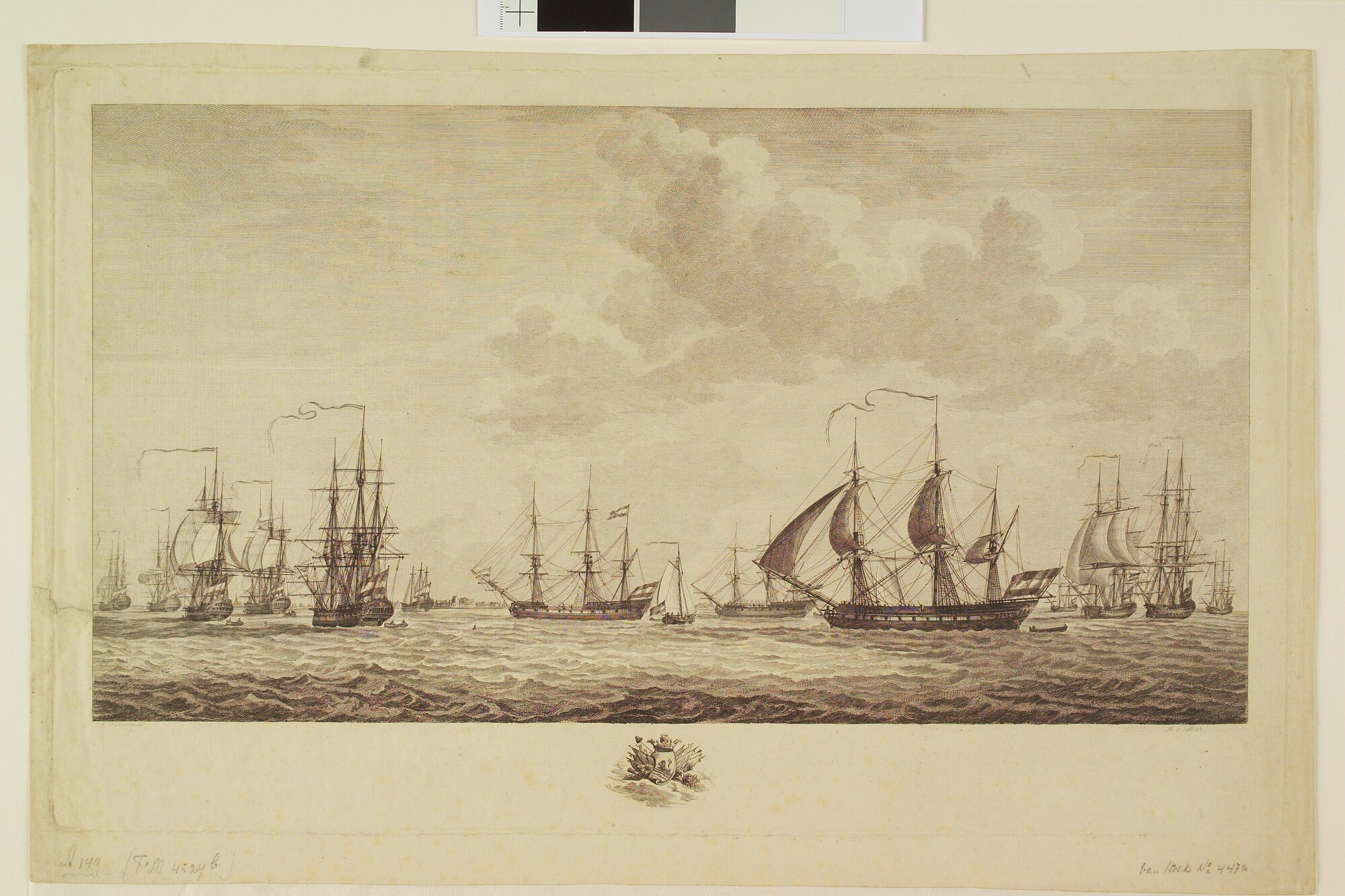 A.0149(0843); Gezicht van 's lands schepen van oorlog onder het commando van Schout-bij-Nacht van Kruyne; prent