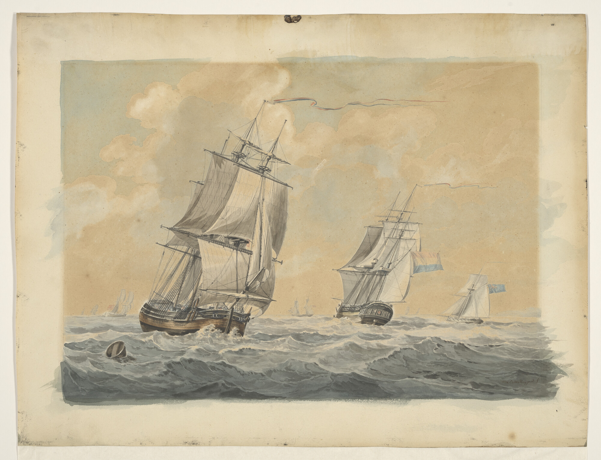 A.1751(02); Een driemastkofschip, een fregatschip en een Engelse kotter; tekening