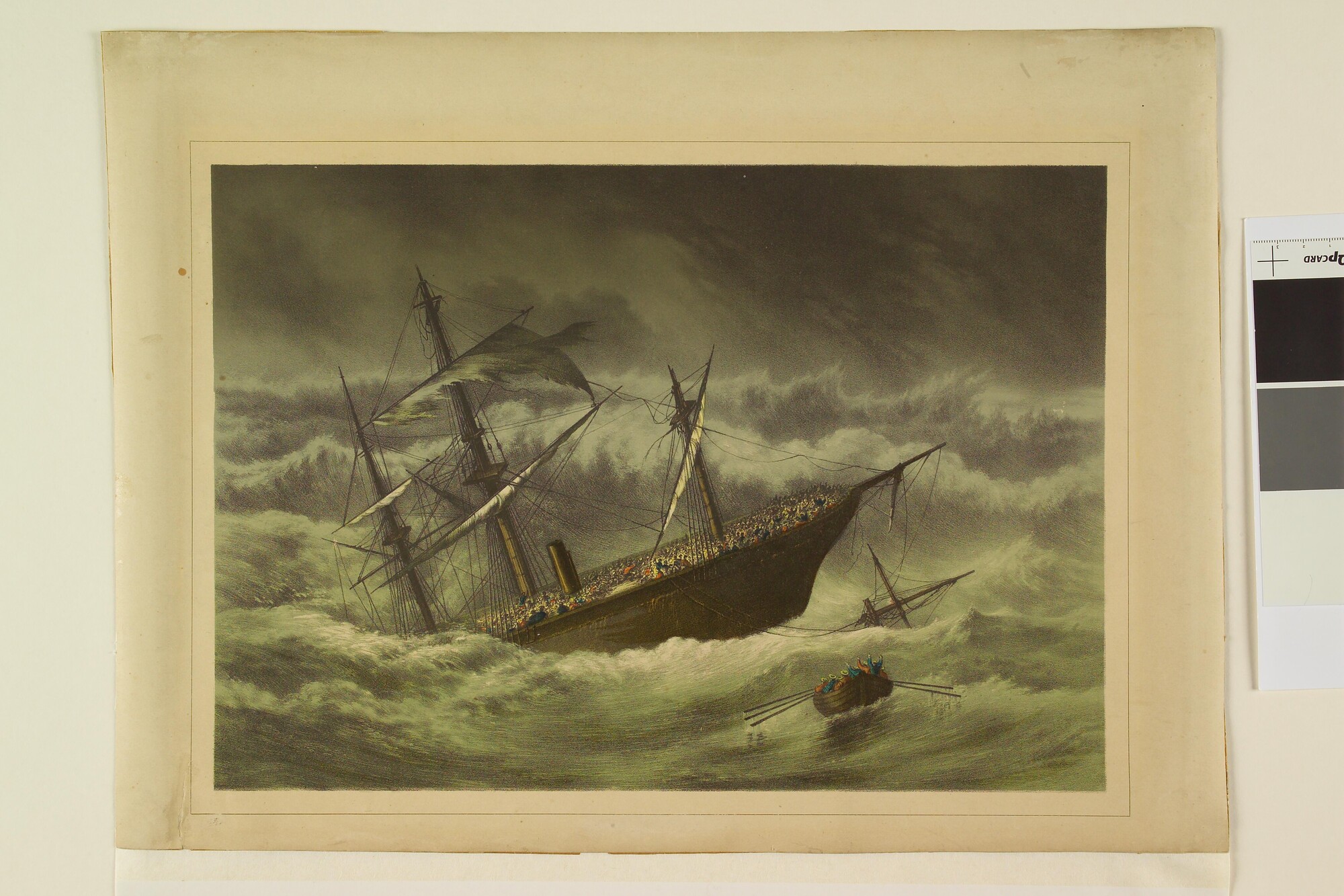 S.3423(02); Het vergaan van het Engelse fregat met hulpstoomvermogen London; prent