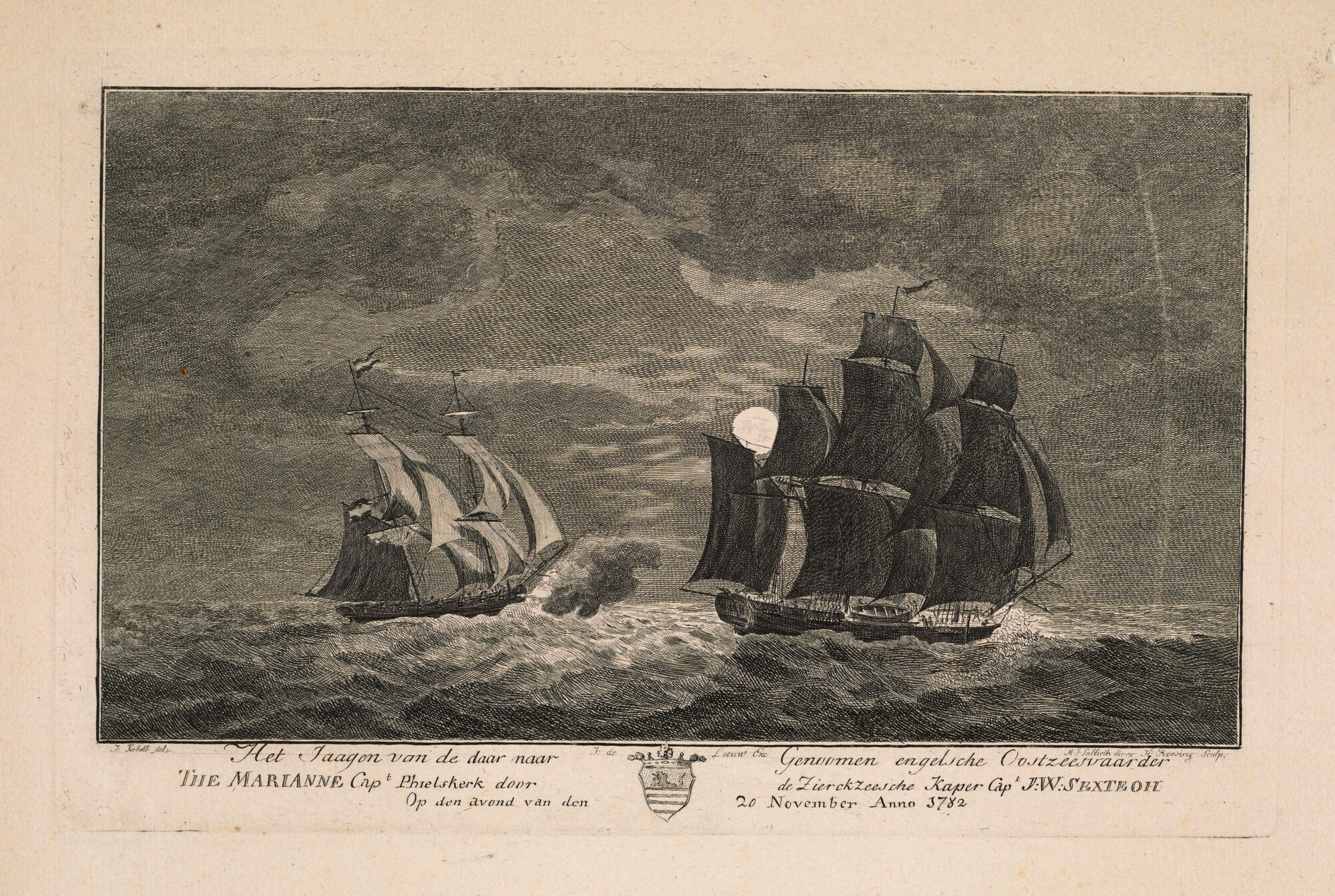 A.1802(05)e; Het jagen van de later door Le Turc genomen Engelse Oostzeevaarder 'Marianne' door de Zierikzeesche kaperkapitein J.W. Sexteoh; prent