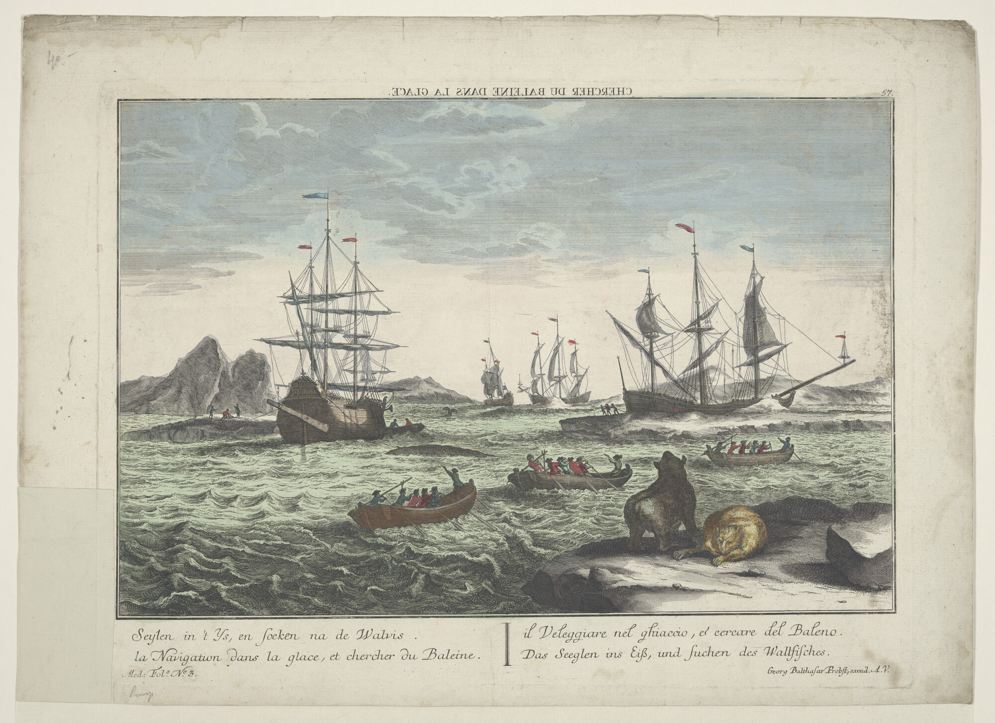 A.2897(04)d 3; De Walvisvangst: het zeilen tussen de ijsschotsen en het zoeken van de walvis; prent