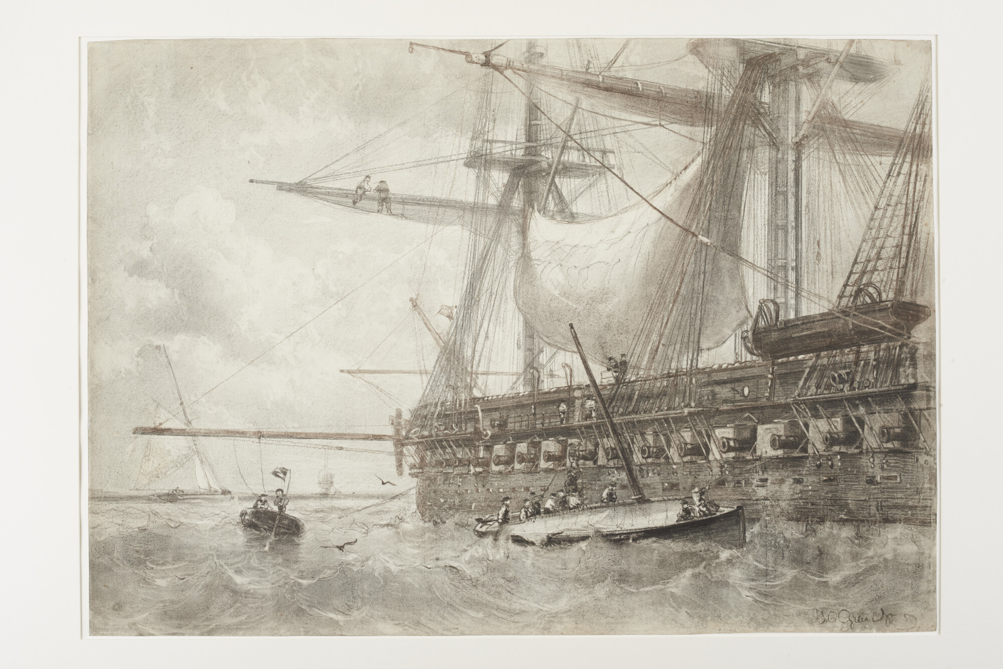 A.3224; Het fregat 'De Ruyter' voor anker liggend; tekening