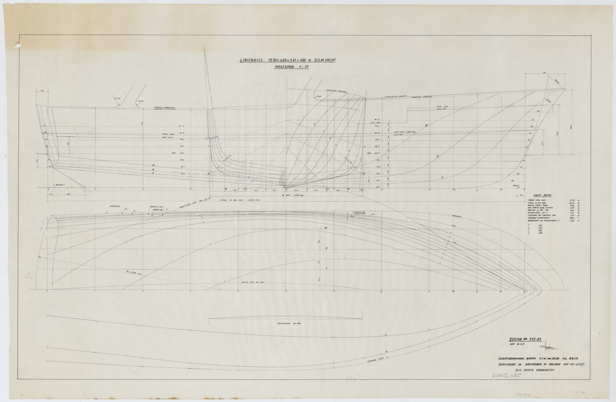 2003.1165; Lijnenplan van een 15.50 meter lang motorjacht; technische tekening