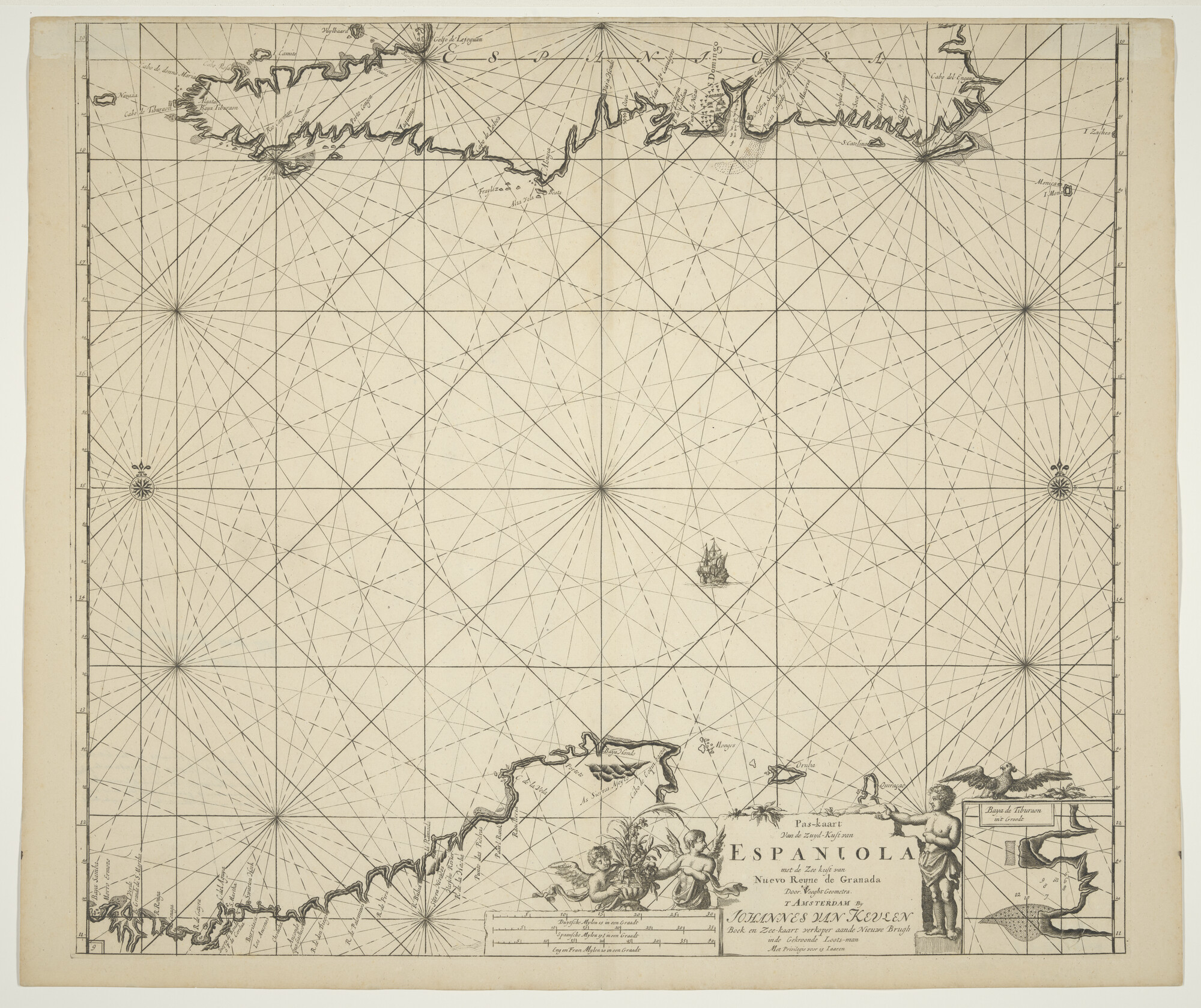 A.0145(212)12; Paskaart van de zuidkust van Hispaniola en van Nuevo Reyne de Granada, door Claas Jansz. Vooght; zeekaart