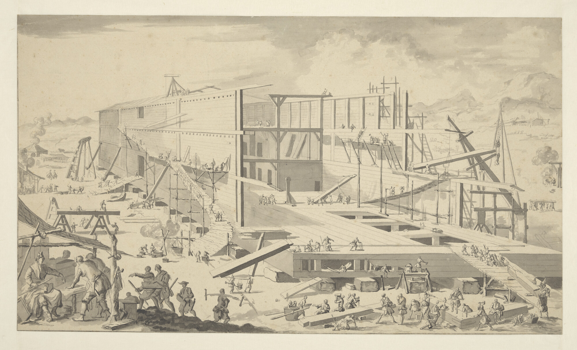 S.1603(01) [nr 0002]; Het bouwen van de Ark van Noach; prent