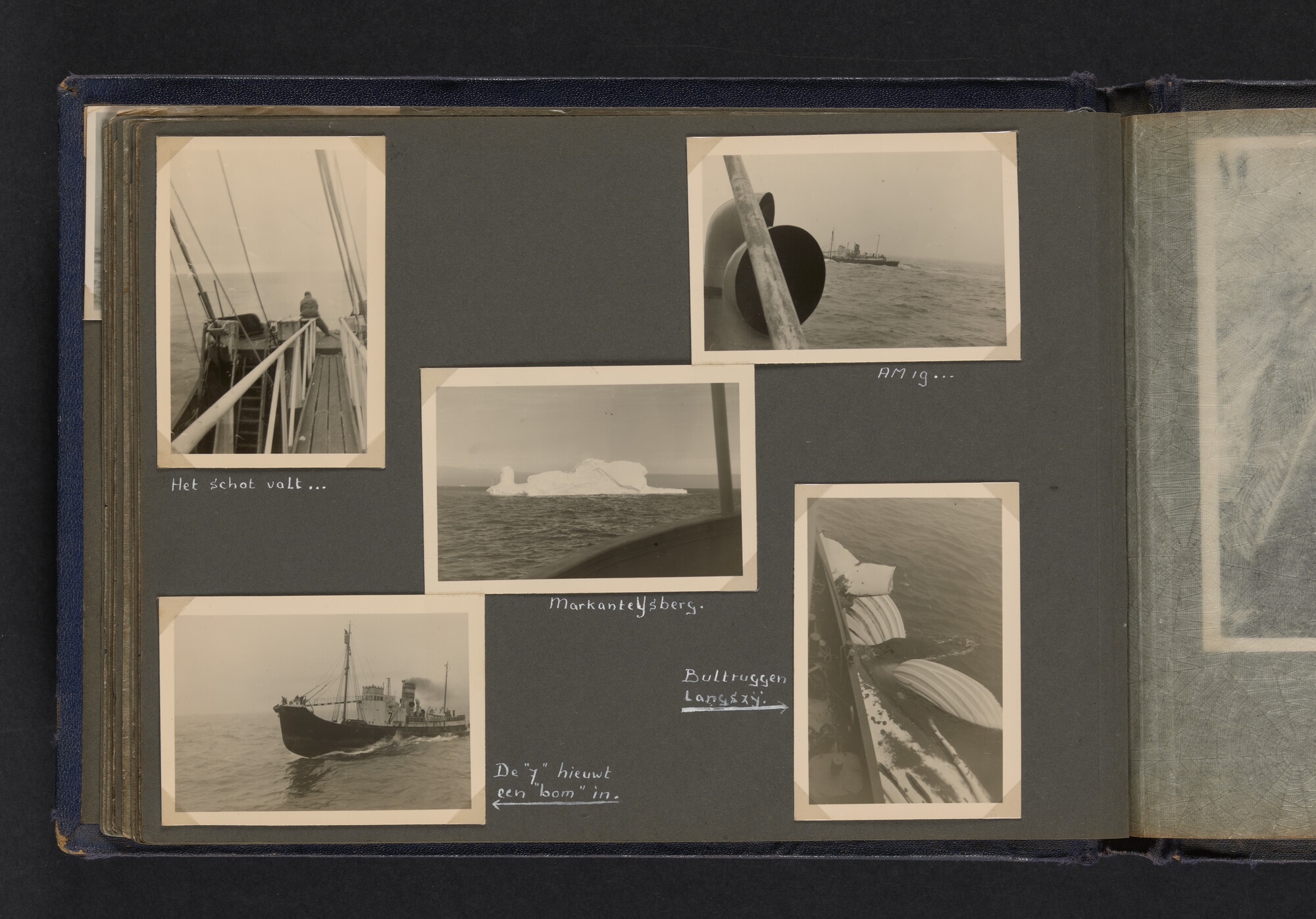 2021.0009; Fotoalbum van Joost Ossewaarde, 4e radiotelegrafist op walvismoederschip Willem Barendsz (II) en walvisjagers, met foto's van vangstseizoenen 1955-1956 en 1956-1957.; fotoalbum