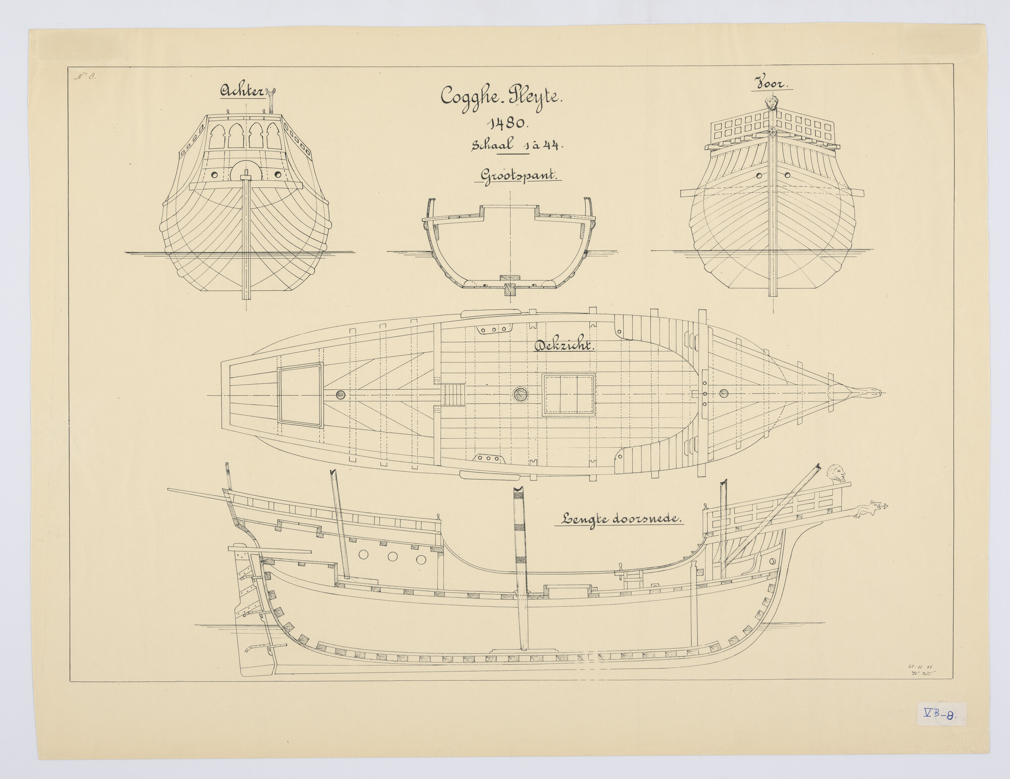 S.1203a(08); Grootspant, verticale langsdoorsnede en bovenaanzicht van een Cogghe Pleyte anno 1480; technische tekening