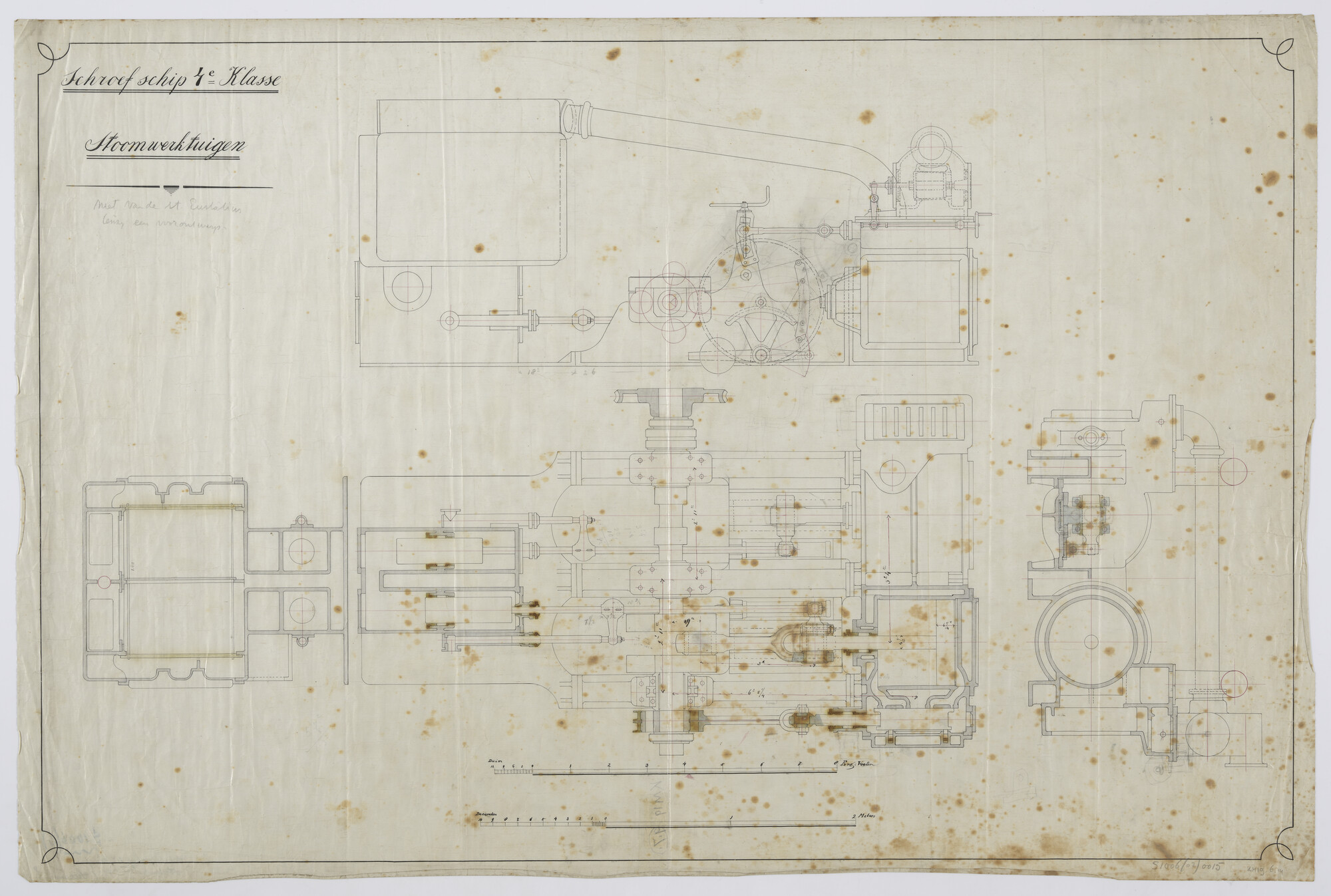 S.1006(02)0015; Verticale en horizontale dwarsdoorsnede en zijaanzicht van de twee cilinder stoommachine van het schroefstoomschip Zr.Ms. Suriname; technische tekening