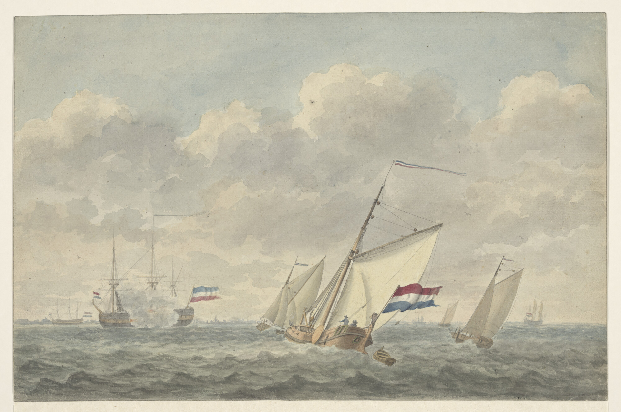 S.1603(38); 's Lands Instructieschip 'Utrecht' saluerende op de Maas bij Rotterdam, bij de nadering van een kopjacht; tekening