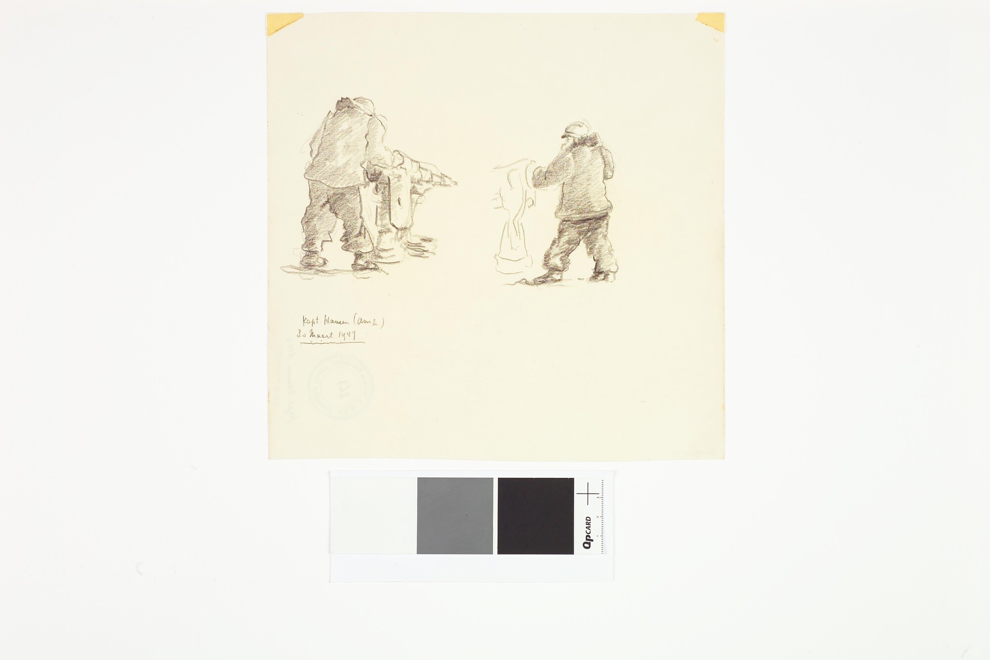 2009.1121; Tekening met twee schetsen van Kapitein Hansen van de A.M.2, gemaakt tijdens de reis van de Willem Barendsz I naar het Zuidpoolgebied; tekening