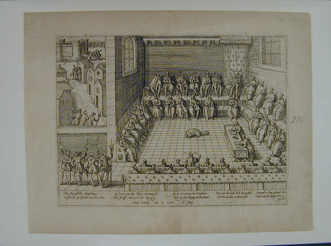 A.0145(027)018; Anne du Bourg verdedigt de Protestanten in het Parlement, 10 juni 1559; prent