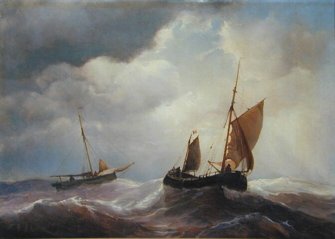 A.1894; Een Belgisch pleitschip, met ruime wind varende, en een kotter voor anker; schilderij