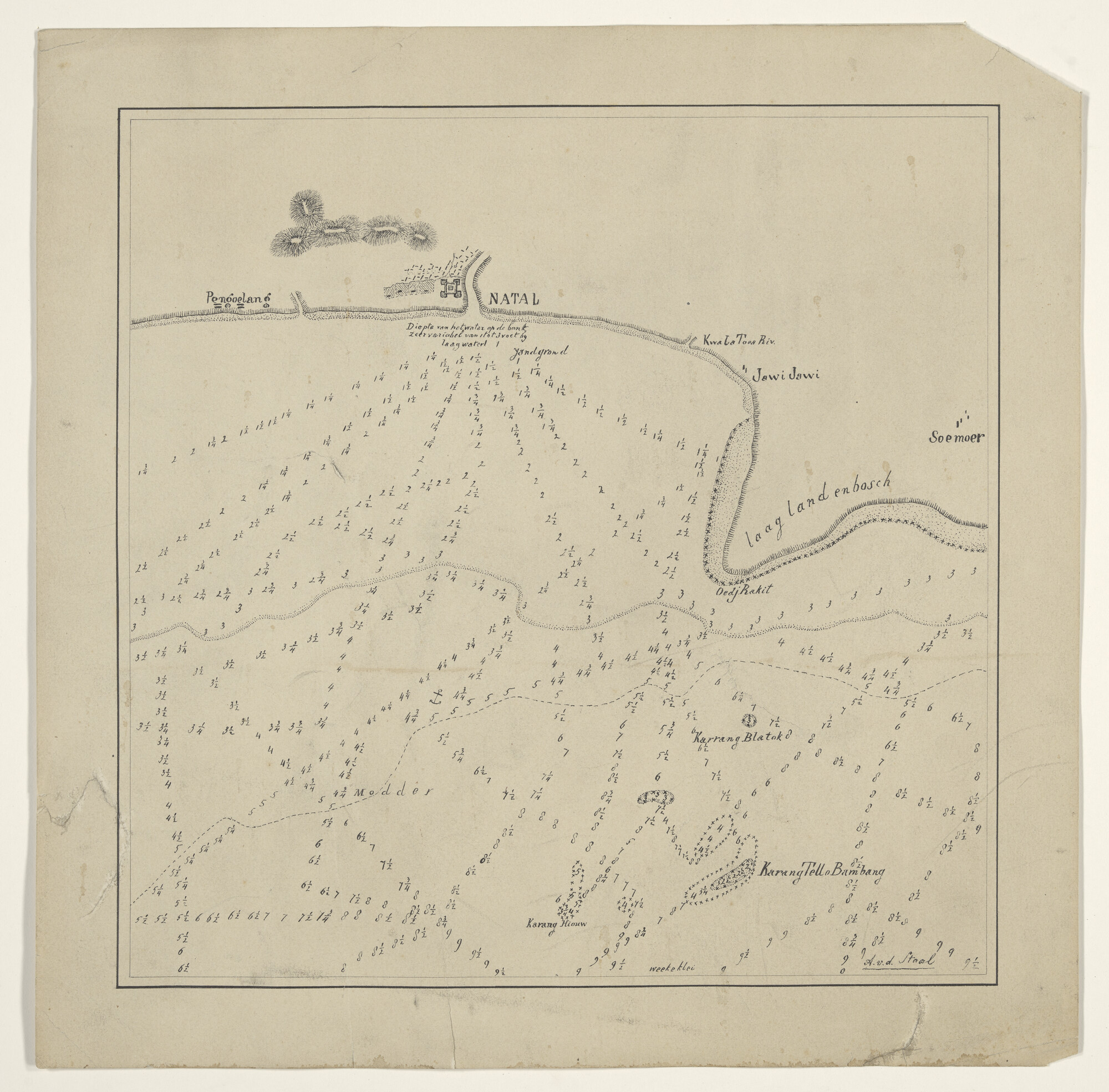 S.1728(07); Handschriftkaartje van de rede van Natal in Residentie Tapanoeli door A. v.d. Staal, circa 1880 - 1900; zeekaart