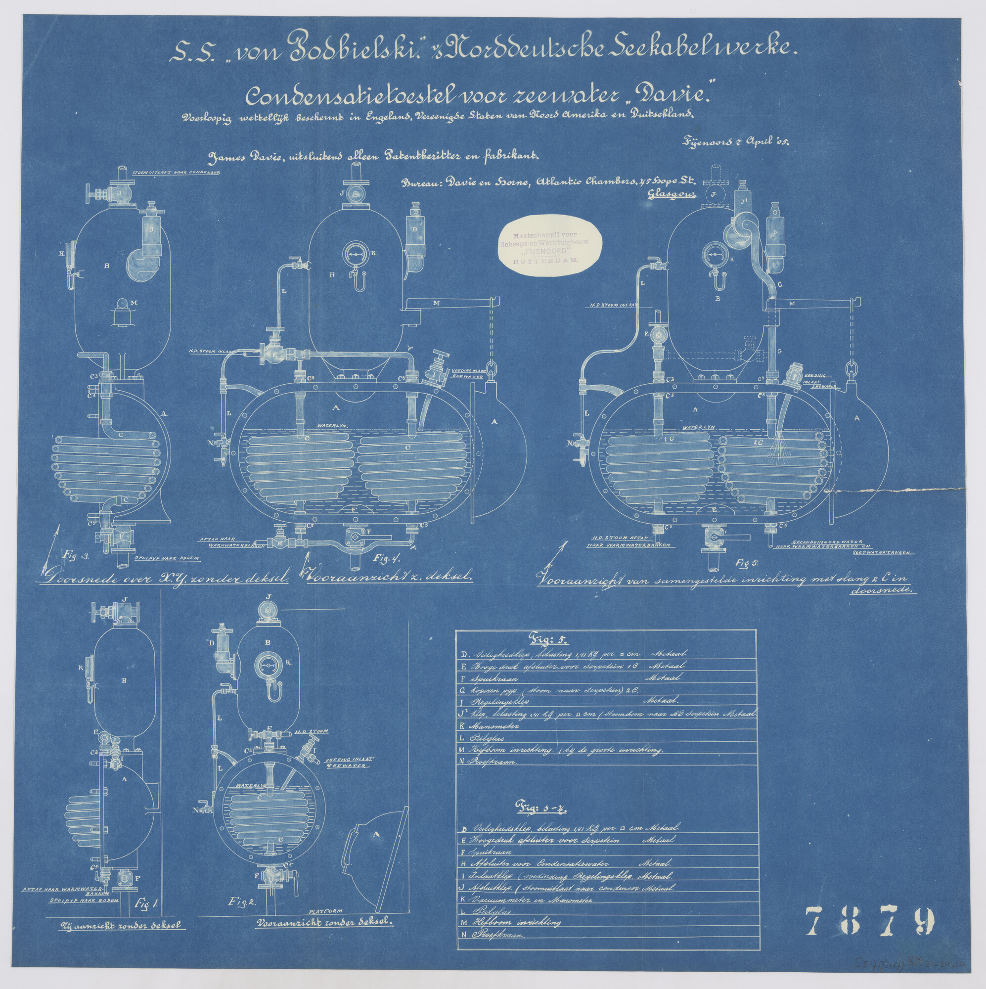 S.2175(3057); Diverse doorsneden en aanzichten van het condensatietoestel voor zeewater Davie van het kabelschip van de gouvernementsmarine - het dubbelschroefstoomschip - Hr.Ms. Telegraaf; technische tekening