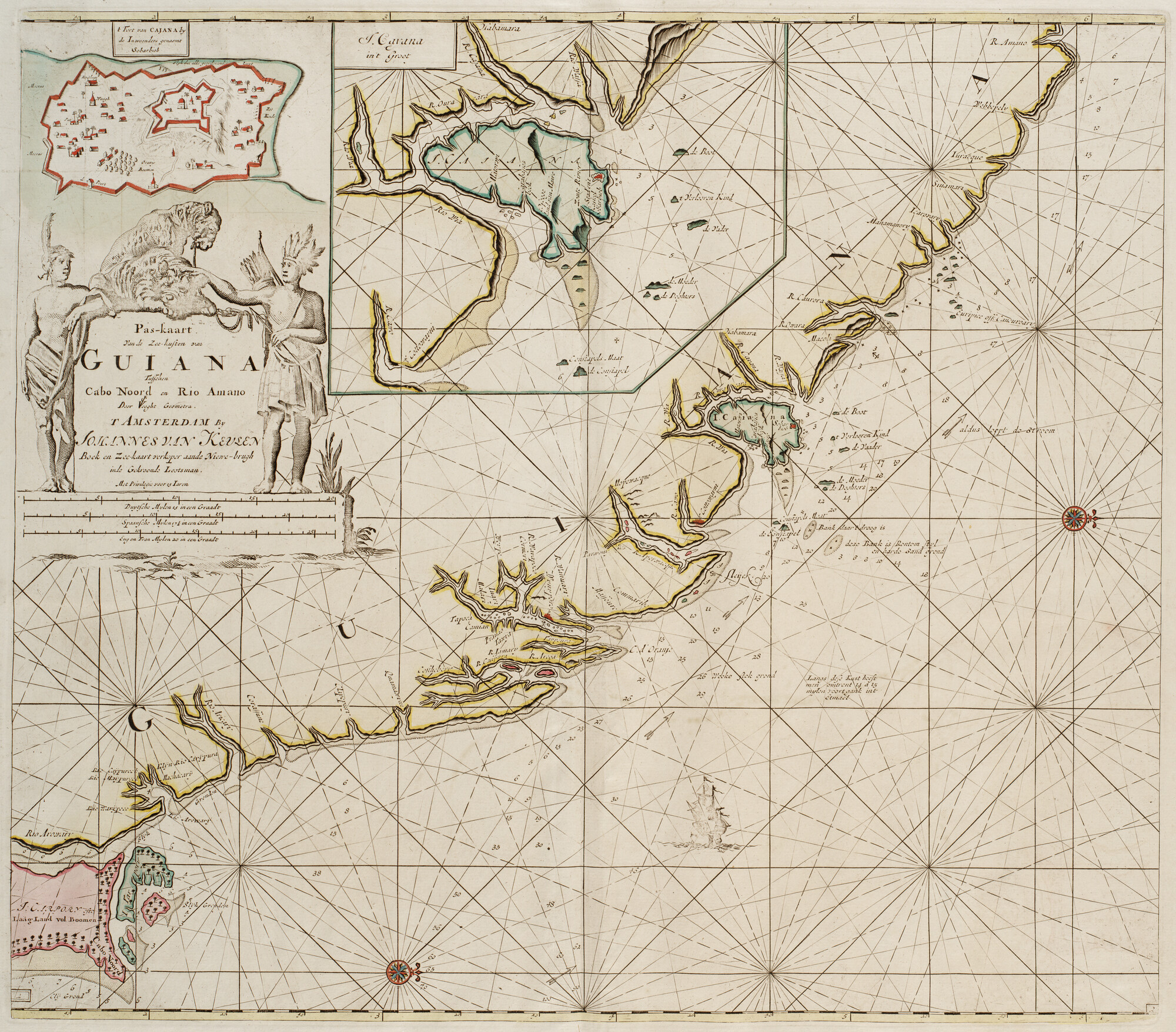 B.0032(109)4 [kaart 004]; Zeekaart van de kust Frans Guyana, met inzetkaarten van de stad Cayenne en; zeekaart