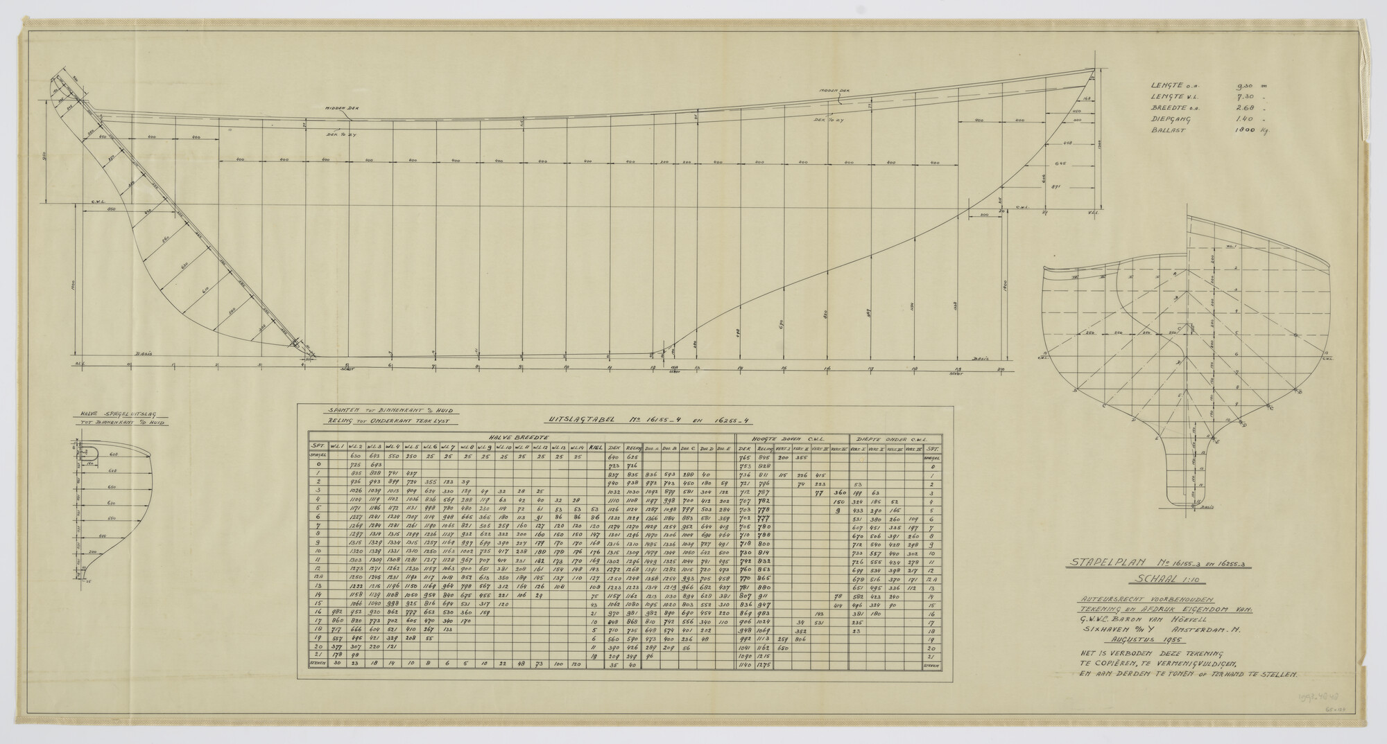 1993.4848; Stapelplan zeiljacht 9.30 meter; technische tekening