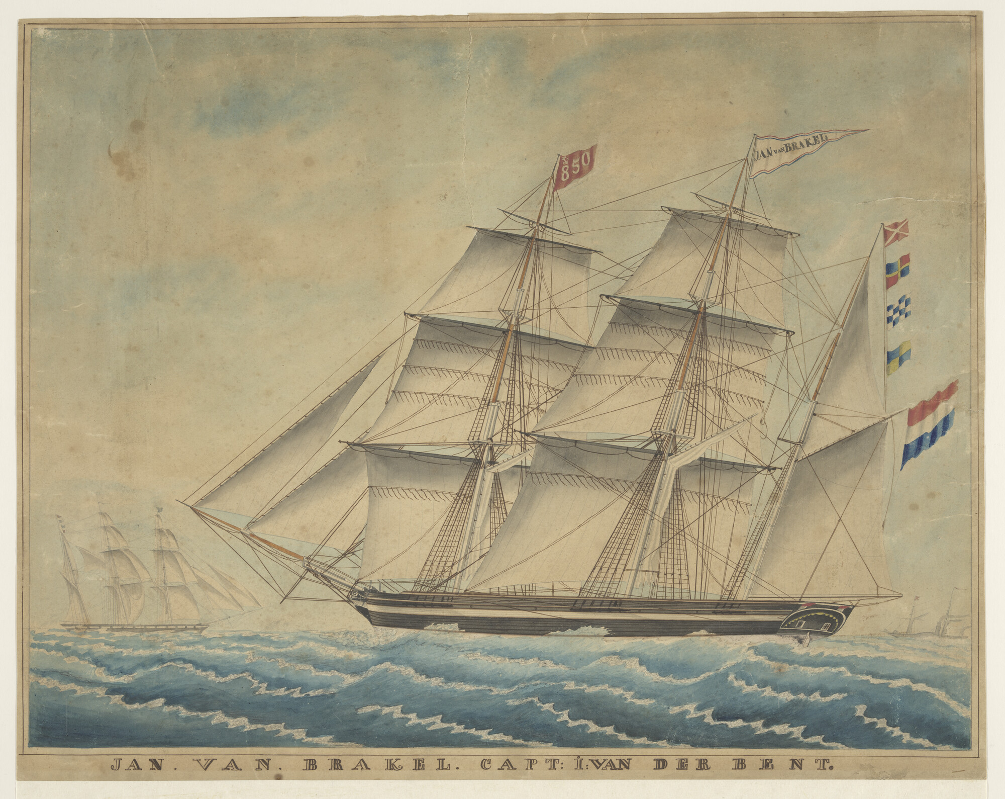S.0661; Het barkschip 'Jan van Brakel'; tekening