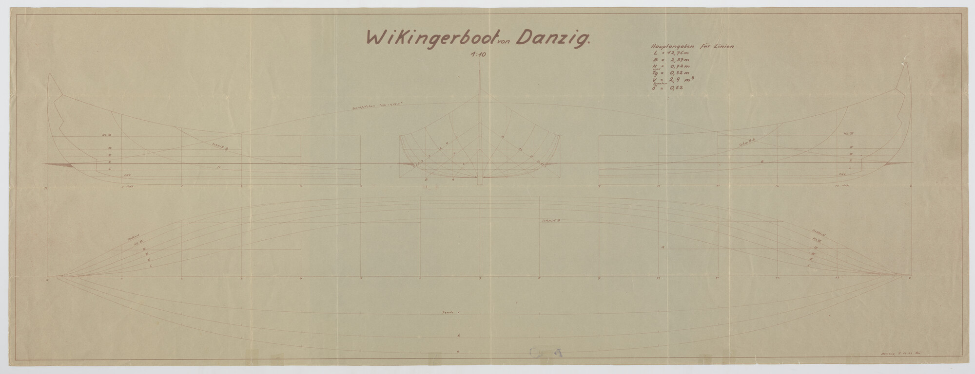 A.5335(01); Lijnenplan van het vikingschip van Danzing; technische tekening