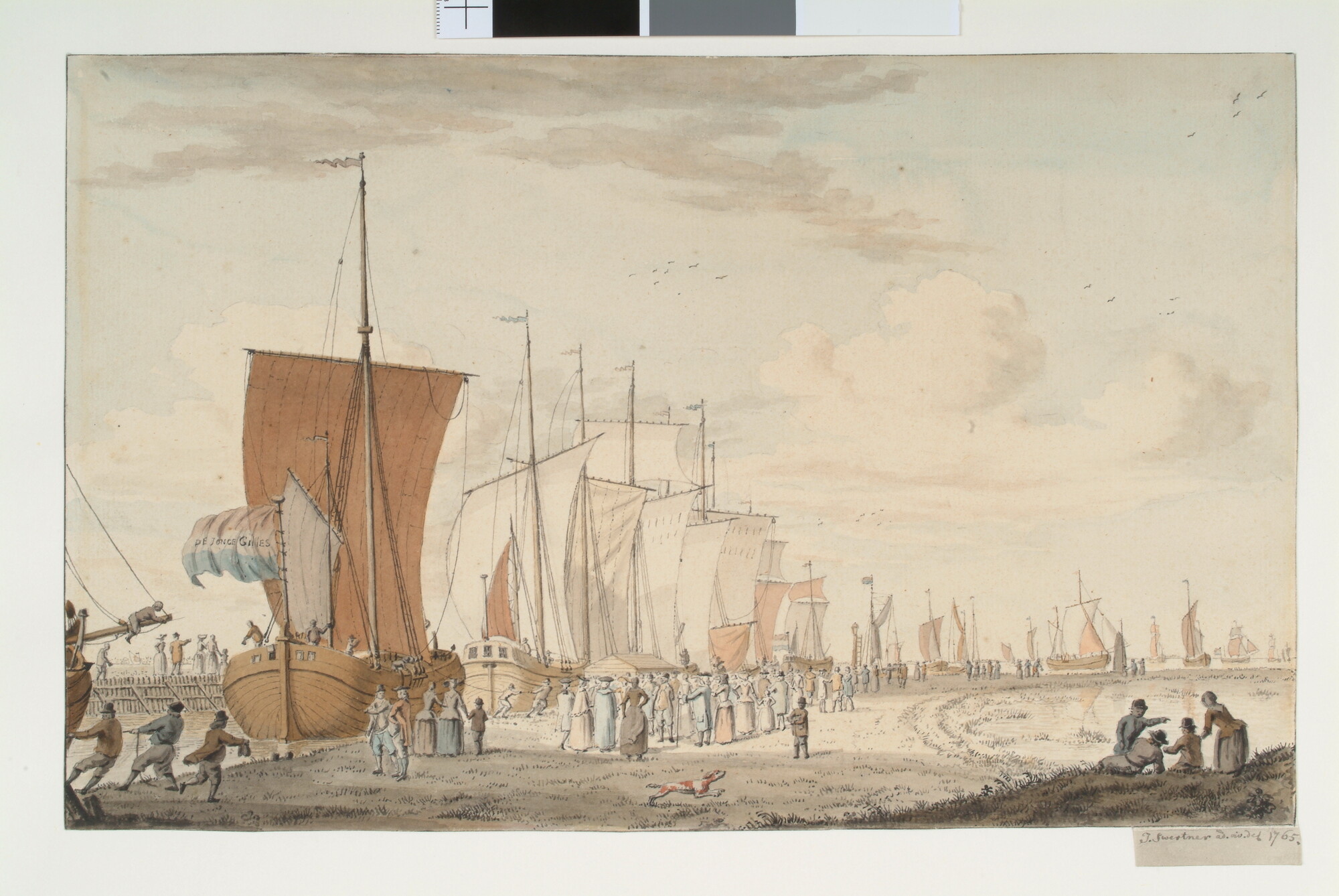 A.0085(05)01; Uitzeilende haringbuizen en hoekers gezien vanaf de Westhavenkade te Vlaardingen ; tekening