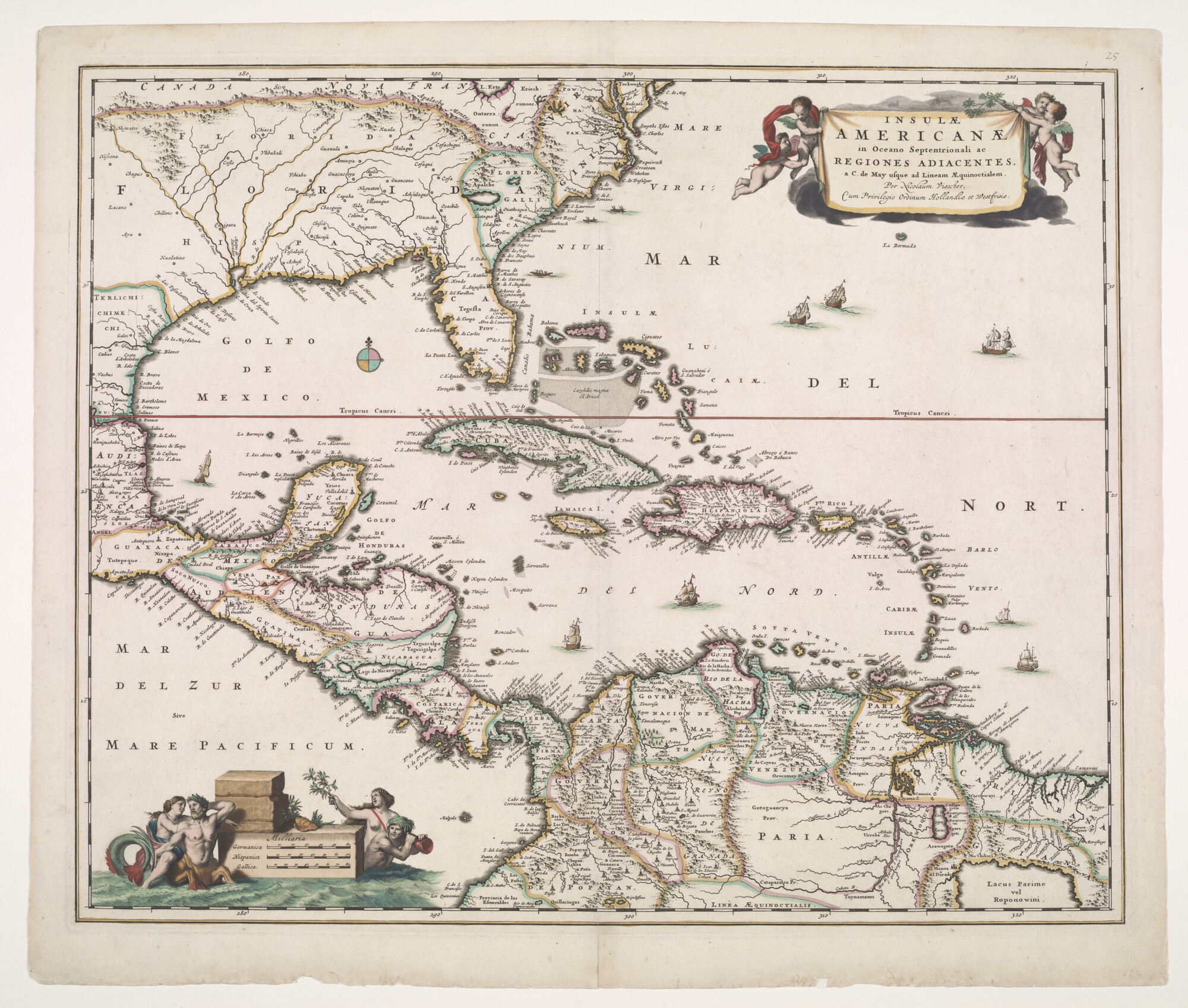 A.3845(01)072; Met de hand gekleurde kaart van de Caraibische eilanden en omliggende delen van het Amerikaanse continent; landkaart