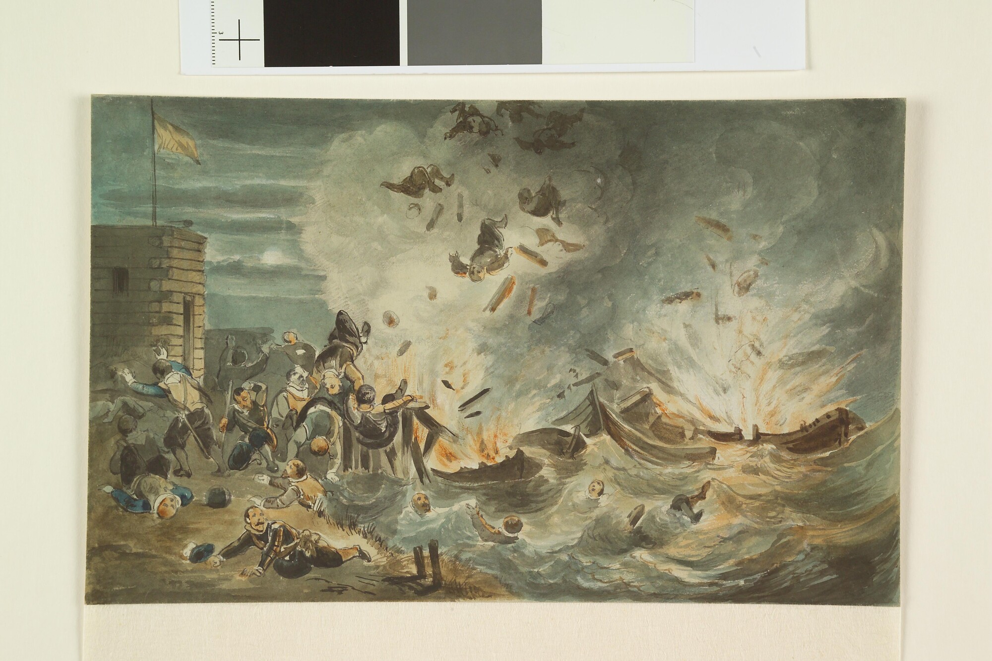 S.1603(02)a; Het in de lucht springen van de schipbrug bij Antwerpen, 3 April 1585; tekening