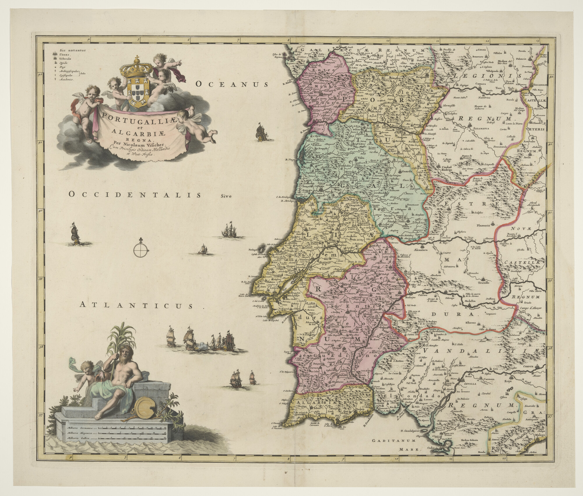 A.3845(01)045; Met de hand gekleurde kaart van Portugal, door Nicolaas Jansz Visscher (1649 - 1702), Amsterdam, circa 1698; landkaart