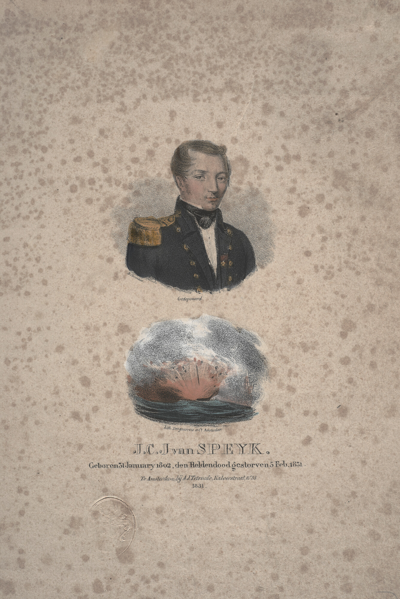 A.2256 [nr 0002]; Portret van Van Speyk en de ontploffing van zijn schip; prent