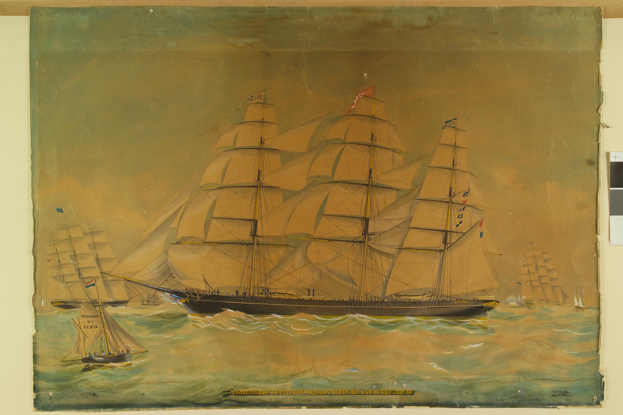A.0824(03); Het klipperfregatschip Voorlichter ter hoogte van Dungenes; tekening