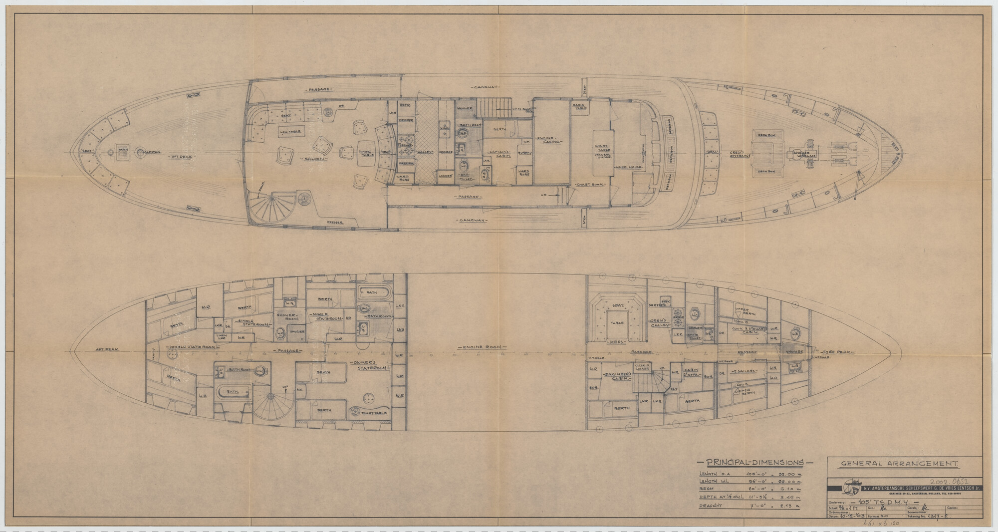 2002.0652; Algemeen plan van een 105 voets (32 meter) stalen motorjacht; technische tekening