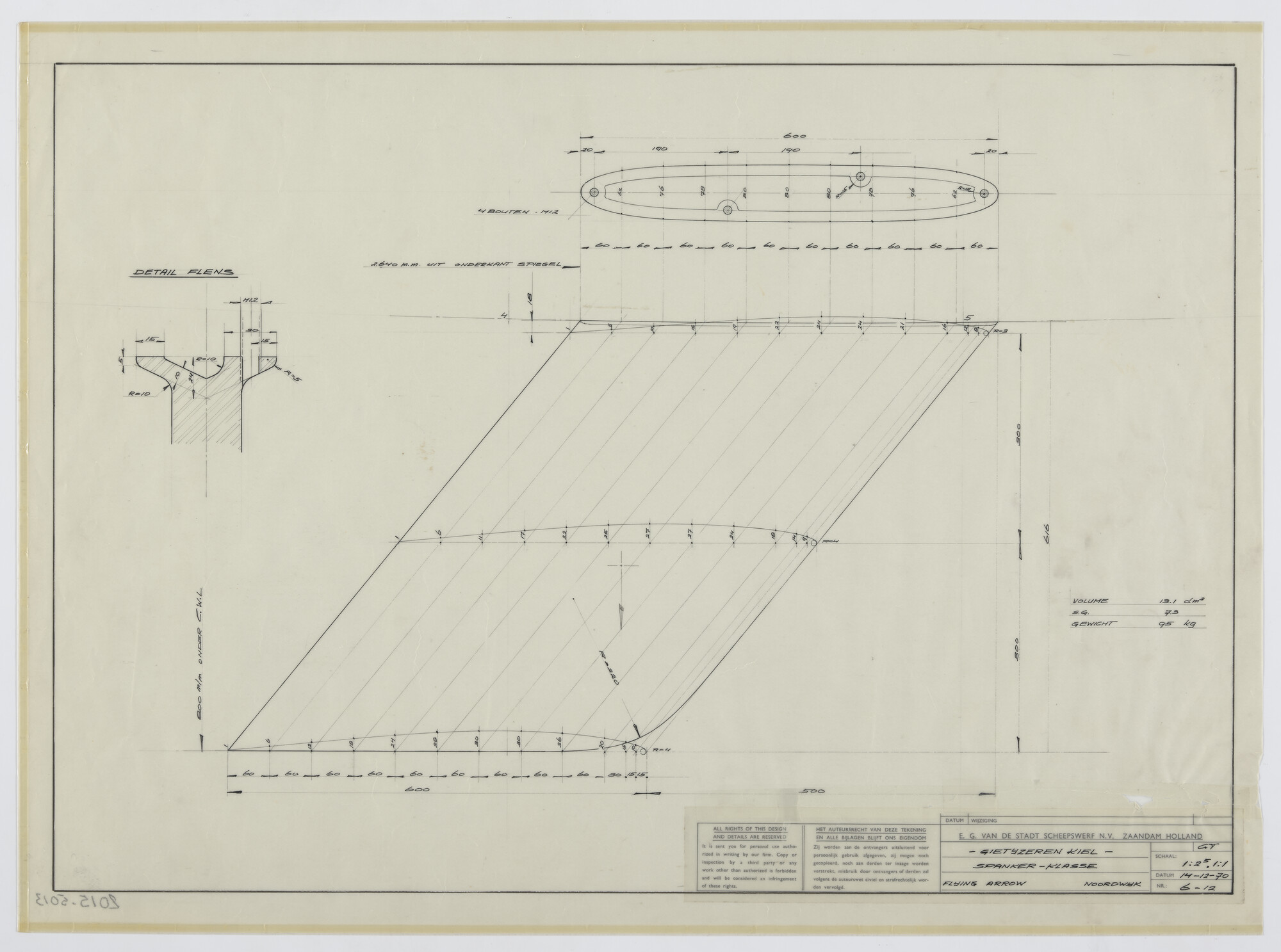 2015.5013; Gietijzeren kiel van de open houten knikspant zeilboot met midzwaard Van de Stadt Spanker; technische tekening