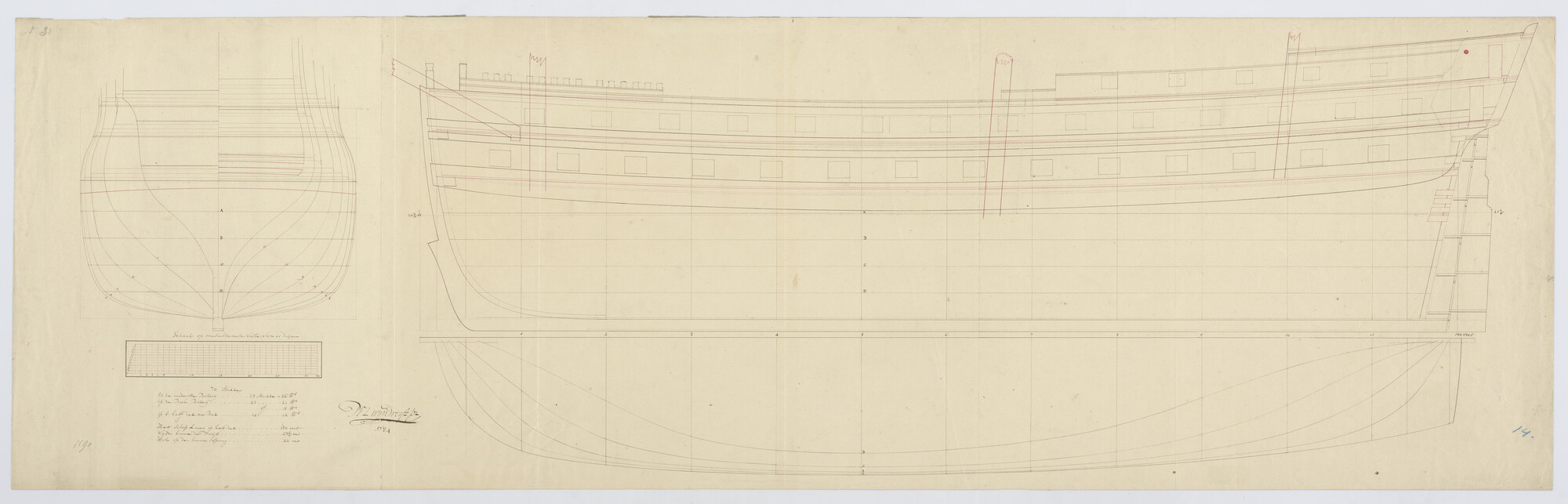 S.0305(09); Lijnenplan van een schip van 70 stukken; technische tekening