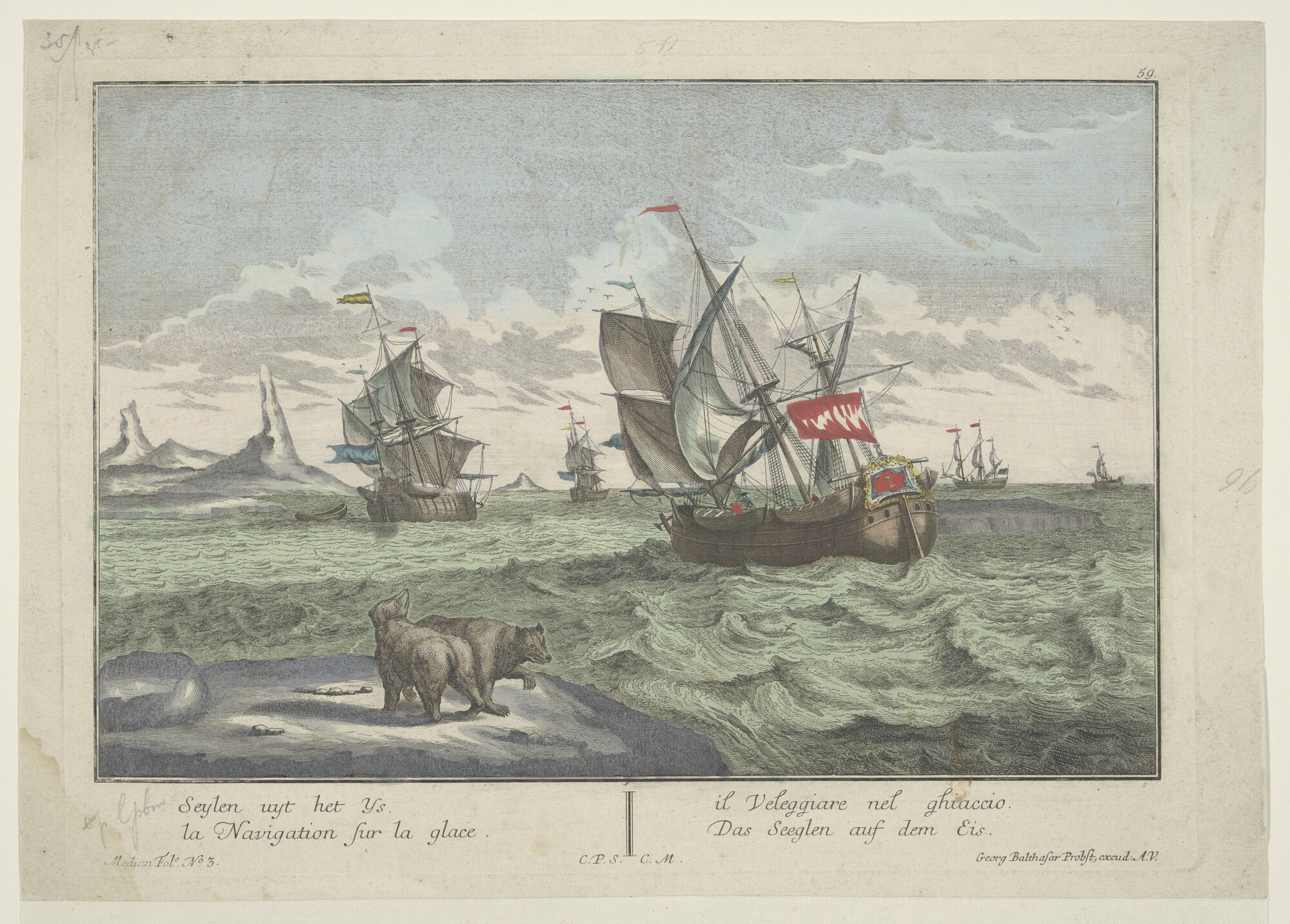 A.2897(04)d 5; De Walvisvangst: het zeilen uit het ijs; prent