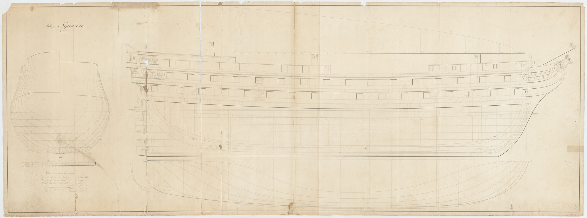 S.1214(0116); Lijnenplan van het linieschip 'Neptunus' van 84 stukken; technische tekening
