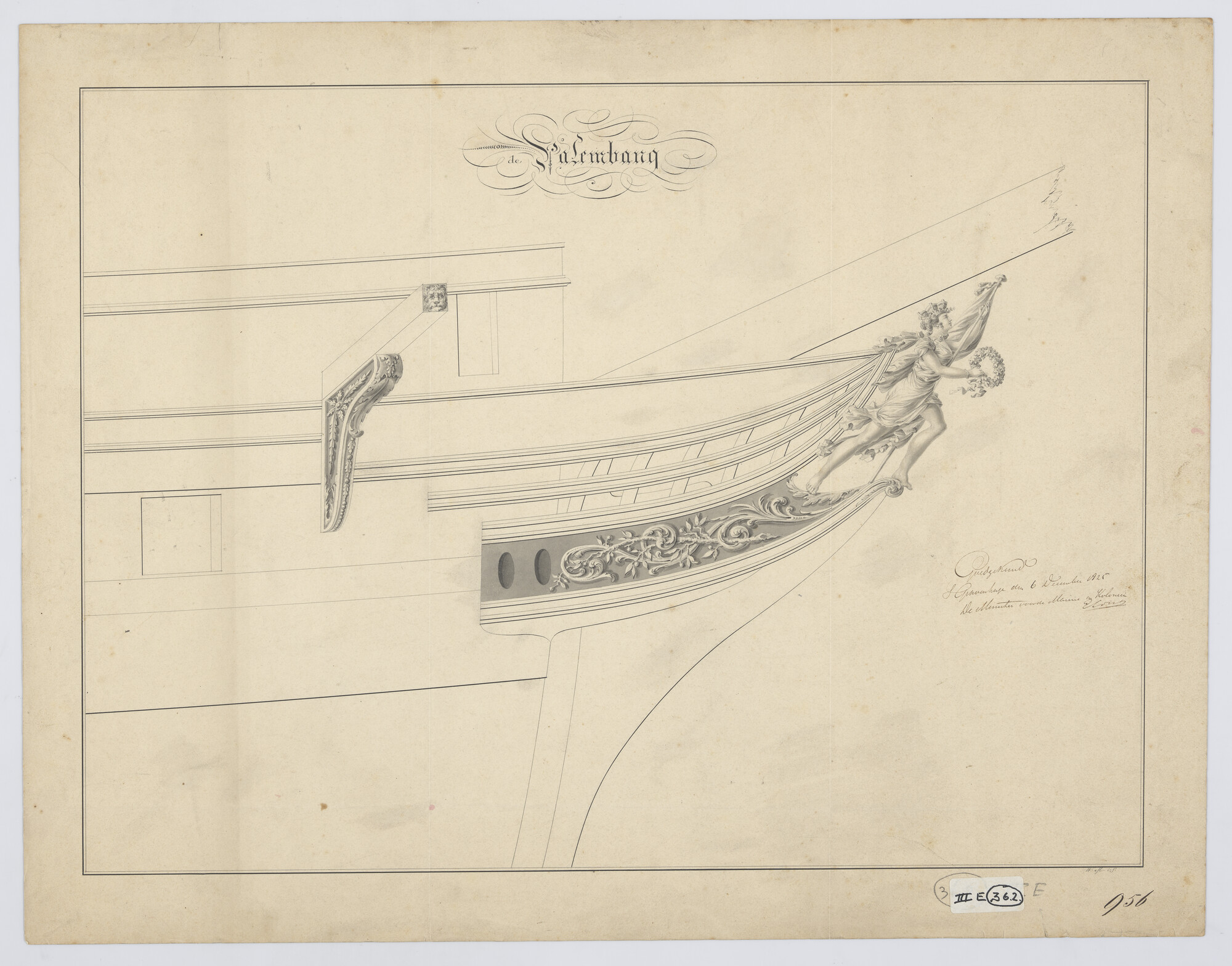 S.1214(0259); Scheg met jonge vrouw van het fregat 'Palembang'; technische tekening