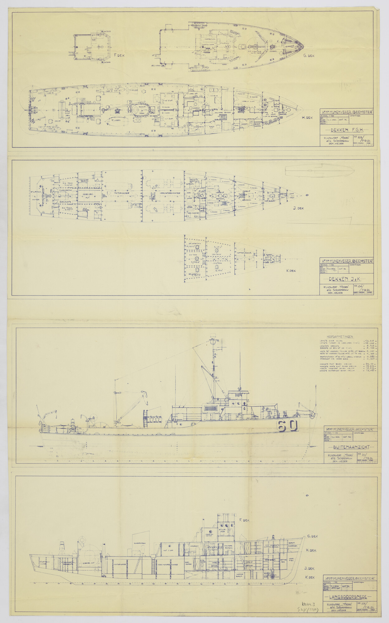 S.2175(5572); Zijaanzicht, langsdoorsnede en indelingstekening van de houten kustmijnenvegers uit de 'Beemster' klasse (U.S. AMS-type 1952) (14 schepen); technische tekening