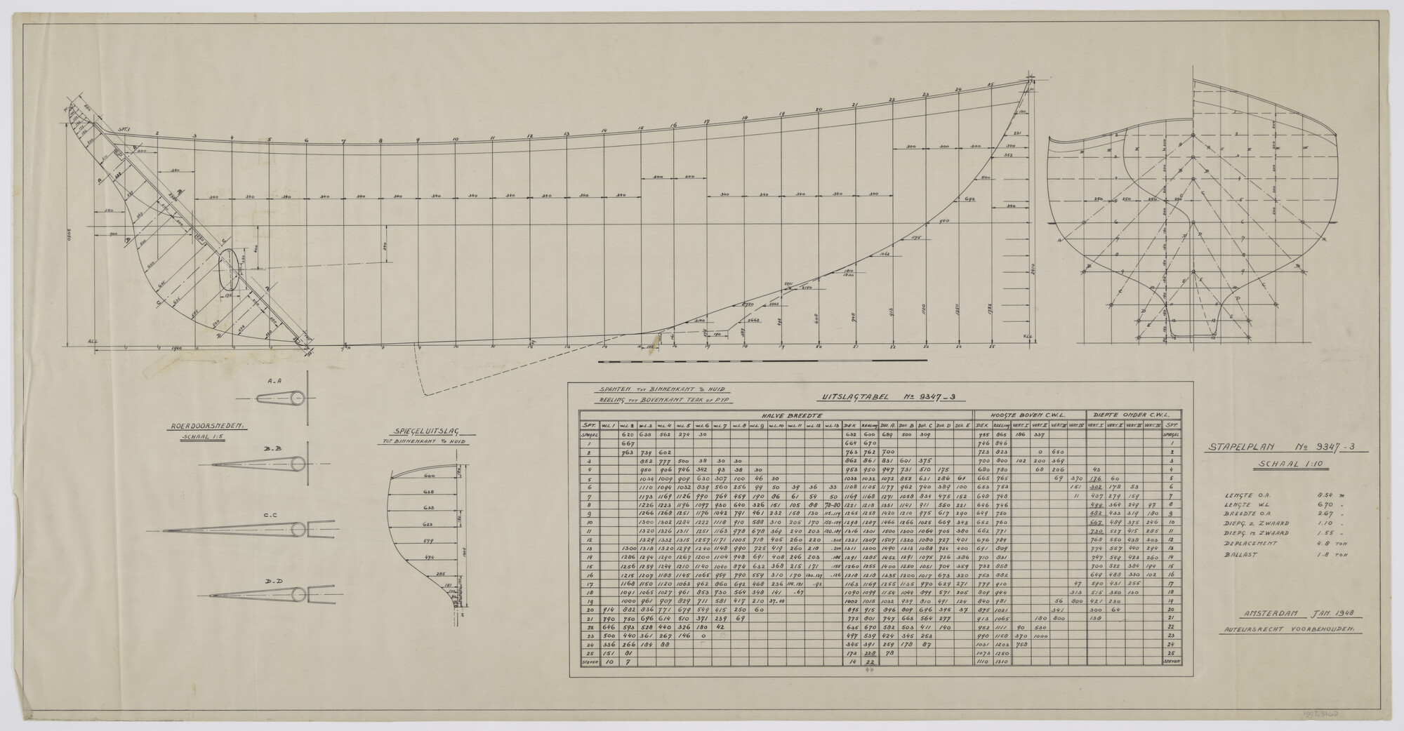 1993.3108; Stapelplan platgat torensloep met midzwaard, 8.54 meter; technische tekening