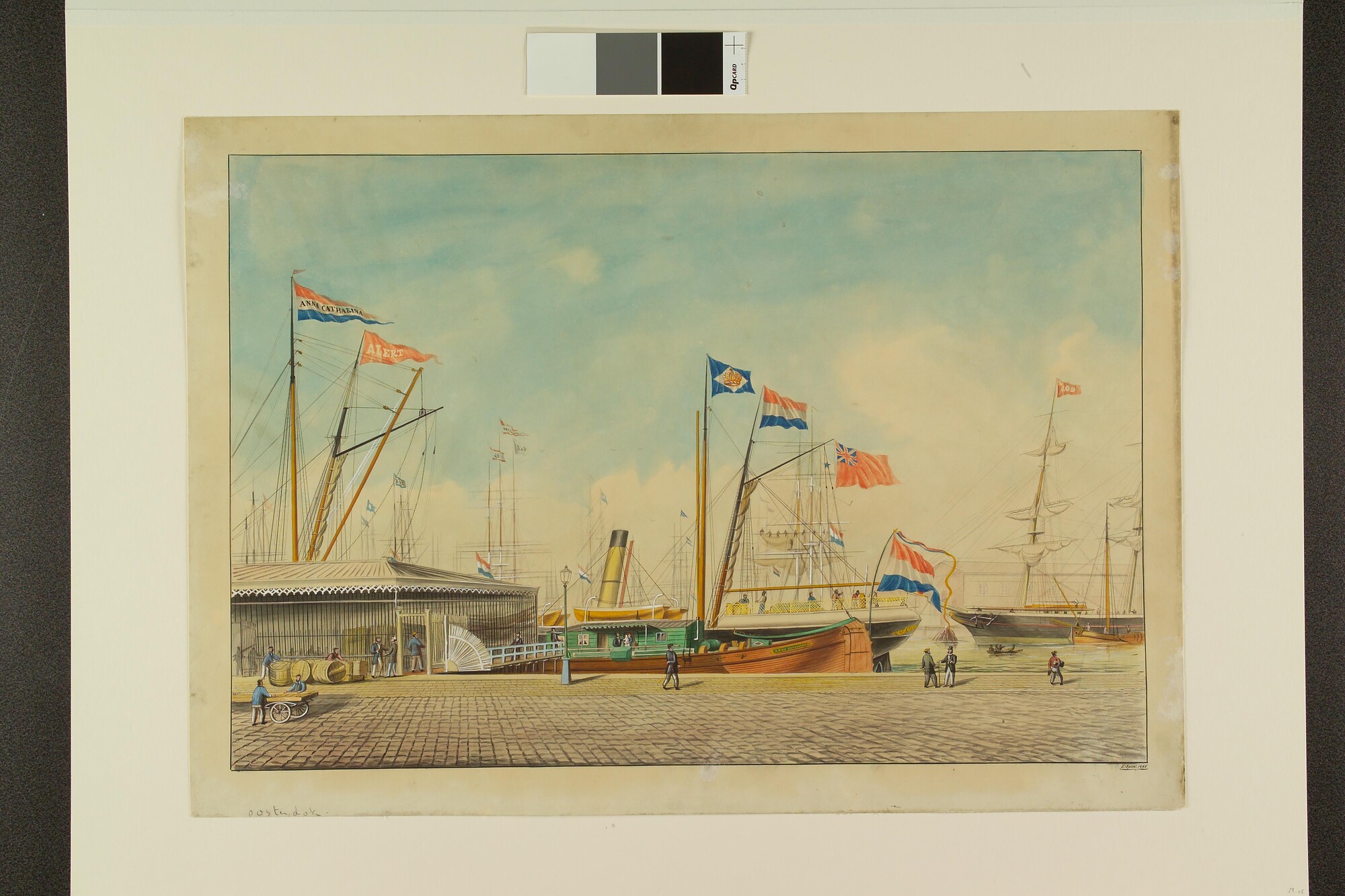 A.2363; Het rijnschip Anna Catharina en het Britse schip Alert in het Oosterdok van Amsterdam; tekening