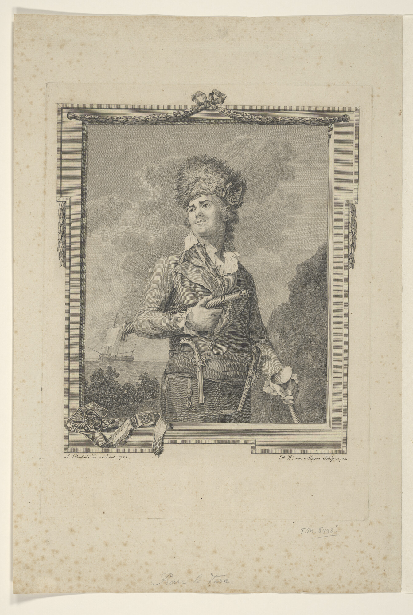 A.0145(179) [nr 0021]; Portret van Kapitein Pieter Le Turc, kijkend naar links met een berenmuts; prent