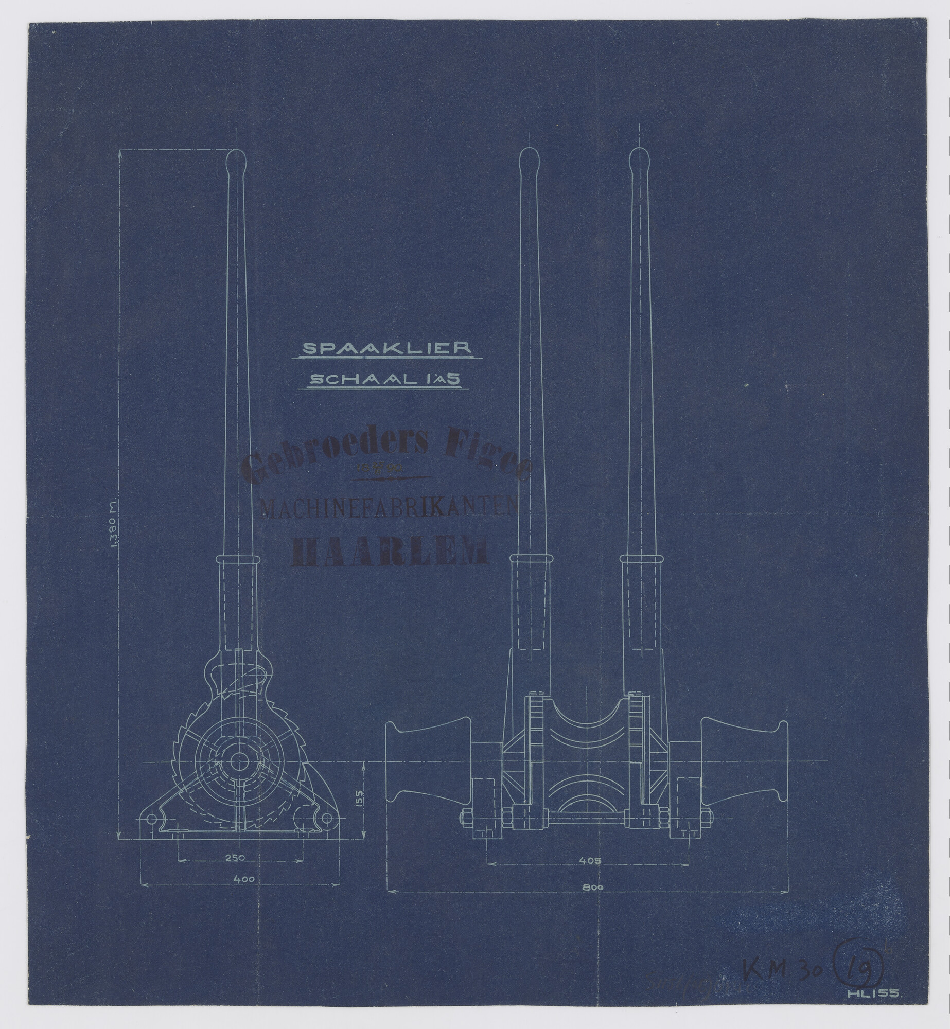 S.1156(05)0142; Doorsneden van een spaaklier van de Machinefabriek gebr. Figee Haarlem; technische tekening