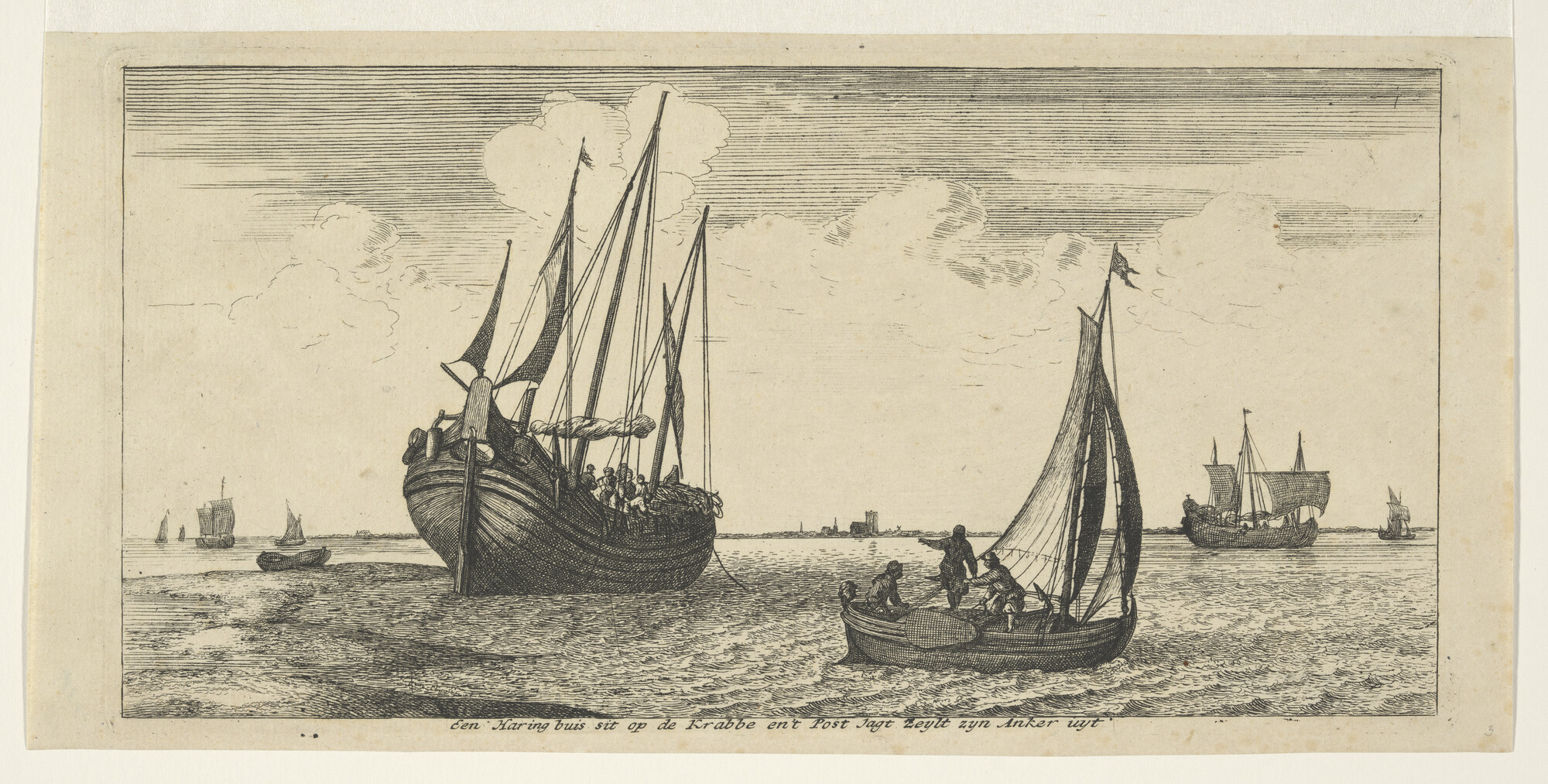 A.0149(0764); Een  haringbuis sit op de Krabbe en 't Post jagt Zeylt zyn Anker uyt; prent