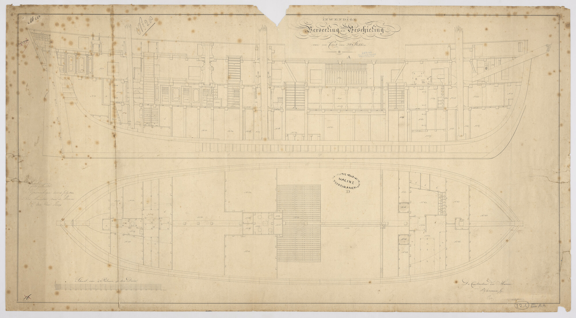 S.1214(0123)a; Indelingsplan van het korvet Zr.Ms. 'Nehalennia' van 28 stukken; technische tekening